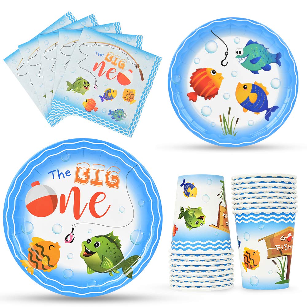 WERNNSAI Gone Fishing Party Supplies - 64-Piece Little Fisherman Themed Disposable Tableware Set for Kids Birthday, Baby Shower & O-Fish-Ally Themed Events - Includes Dinner Plates, Dessert Plates, Cups & Napkins (Serves 16) - Perfect for Outdoor BBQs, Pool Parties & Summer Celebrations