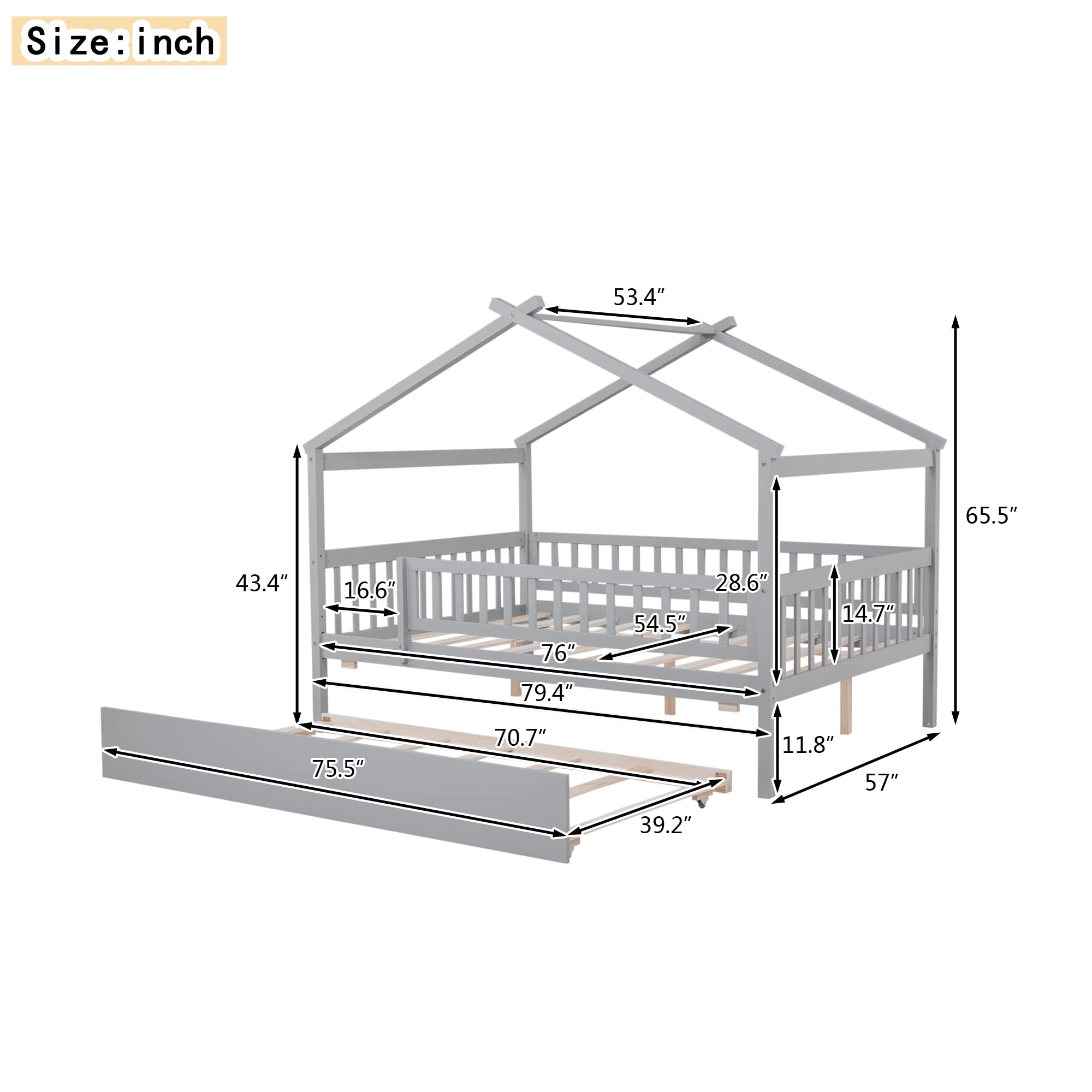 Harper & Bright Designs Full Size Wooden House Bed with Trundle - Kids Bed Frame with Roof & Fence Design for Boys & Girls (Gray) - Perfect for Bedrooms, Playrooms & Montessori Spaces