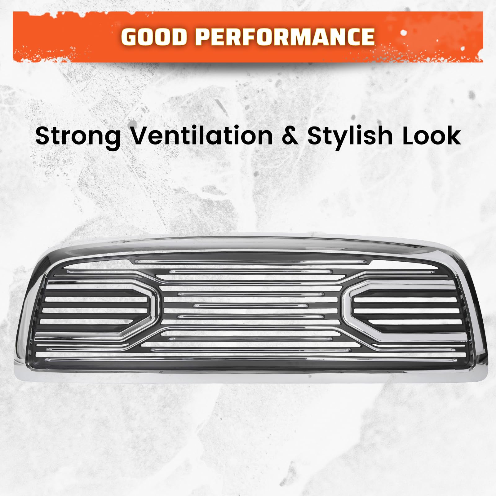 ECOTRIC Chrome Front Bumper Grill Replacement for 2009-2012 Dodge Ram 1500 | Hood Grille Shell Without Lights | Perfect for Off-Roading & Truck Customization