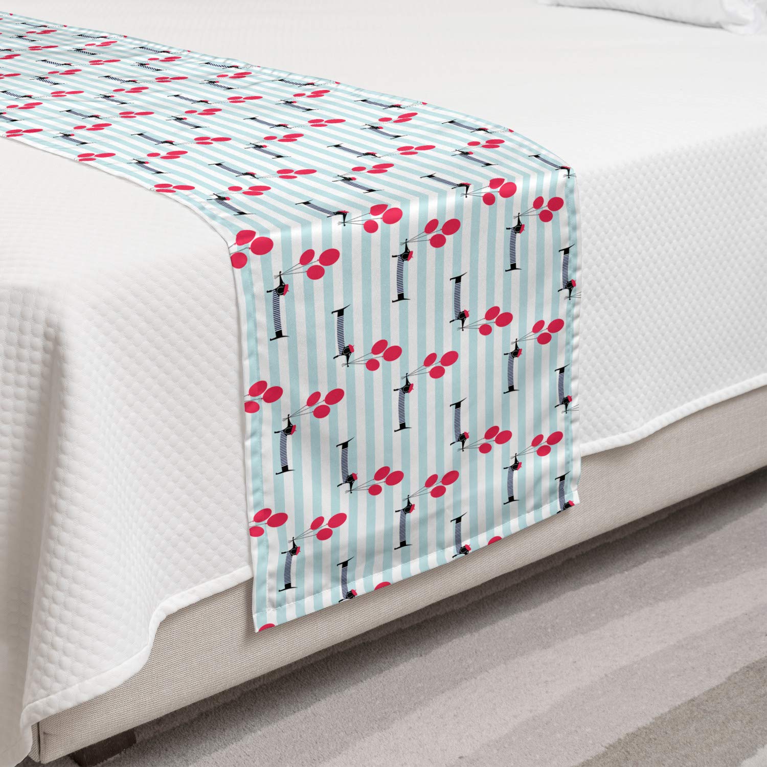 Ambesonne Dachshund Bed Runner - Stylish Decorative Accent Scarf with Cute Dog Wearing Beret & Holding Balloons | Perfect for Hotels, Homes & Guestrooms | Striped Vermilion & Pale Blue Design | Ideal for Bedroom Decor & Gift Giving