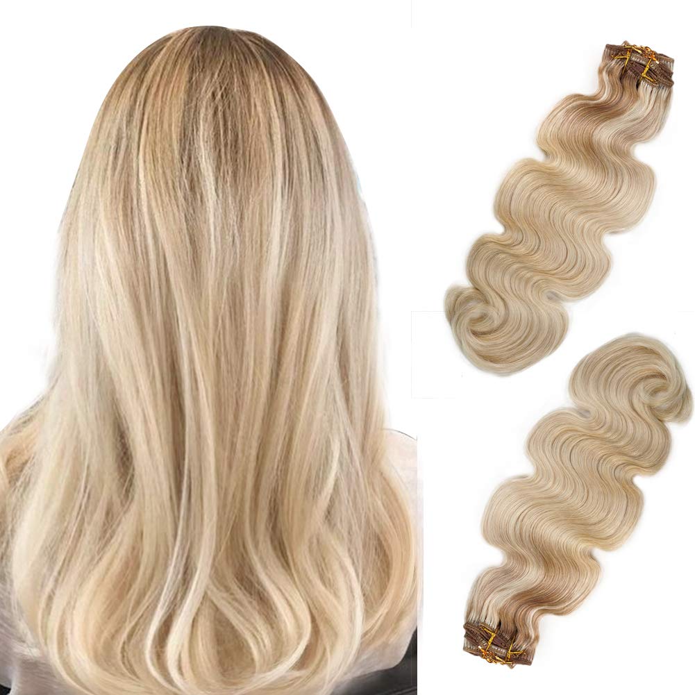 18 Inch Ombre Clip-in Human Hair Extensions - Body Wave Double Weft 100% Real Human Hair - Golden Brown to Bleach Blonde Curly Thick Hair Pieces (140g, 8 Pcs Full Head) - Perfect for White Women for Daily Styling, Parties & Special Occasions
