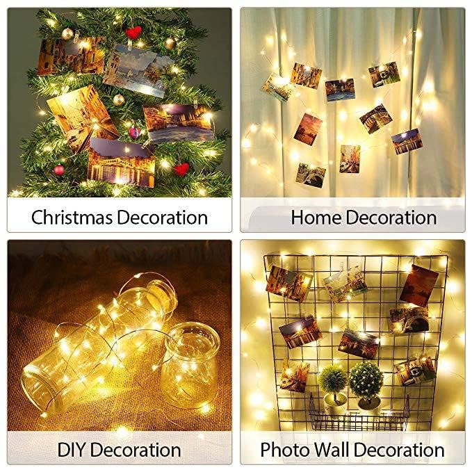 33ft Wooden Photo Clip String Lights with Remote & Timer - 100 LED Fairy Lights & 50 Painted Clothespins for Hanging Pictures - Battery Powered Twinkle Copper Wire Decor for Bedroom, Wedding, Party, Christmas, and Festival Decorations