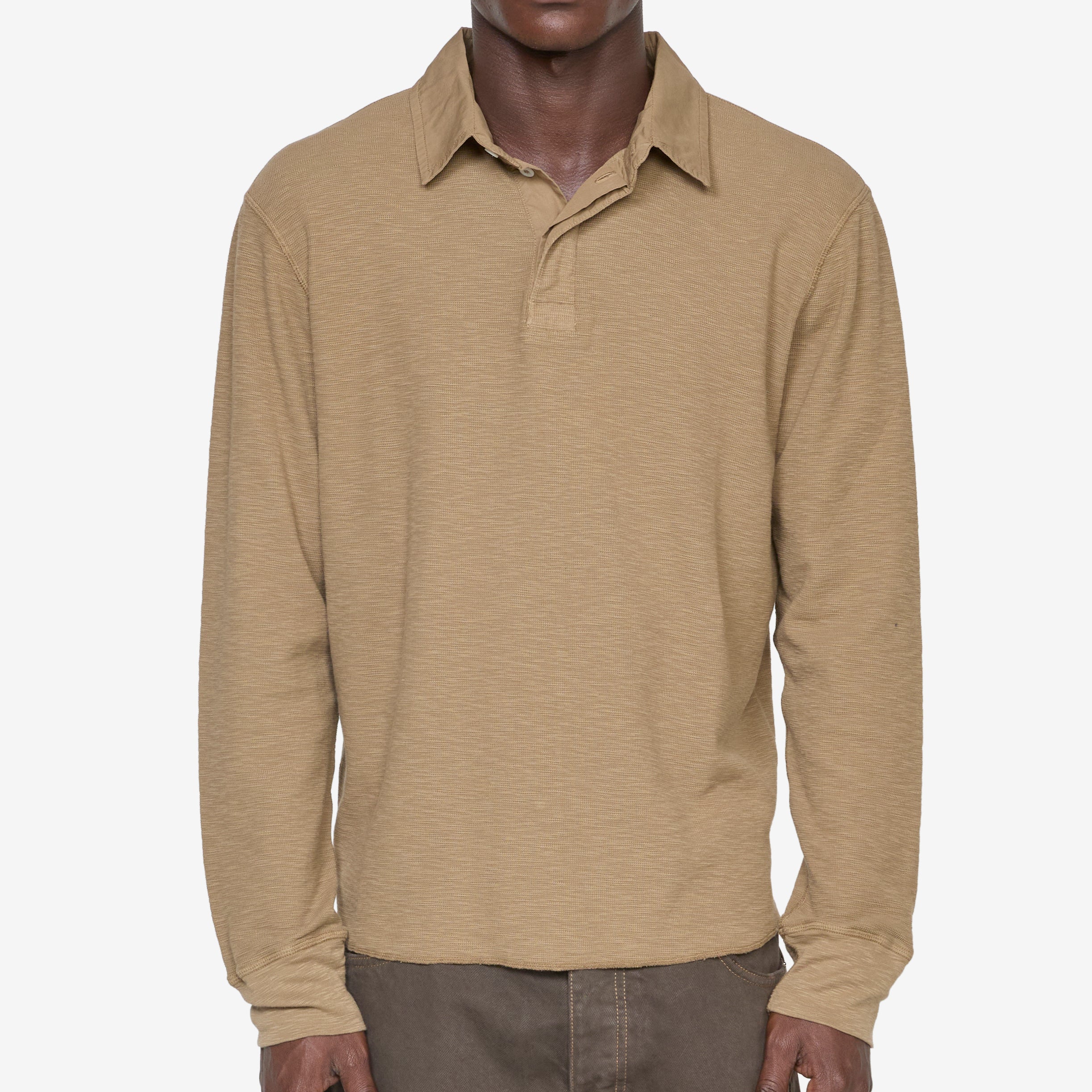 Men's Rugby Waffle Long Sleeve Shirt in Khaki - Comfortable Casual Wear for Outdoor Activities and Sports