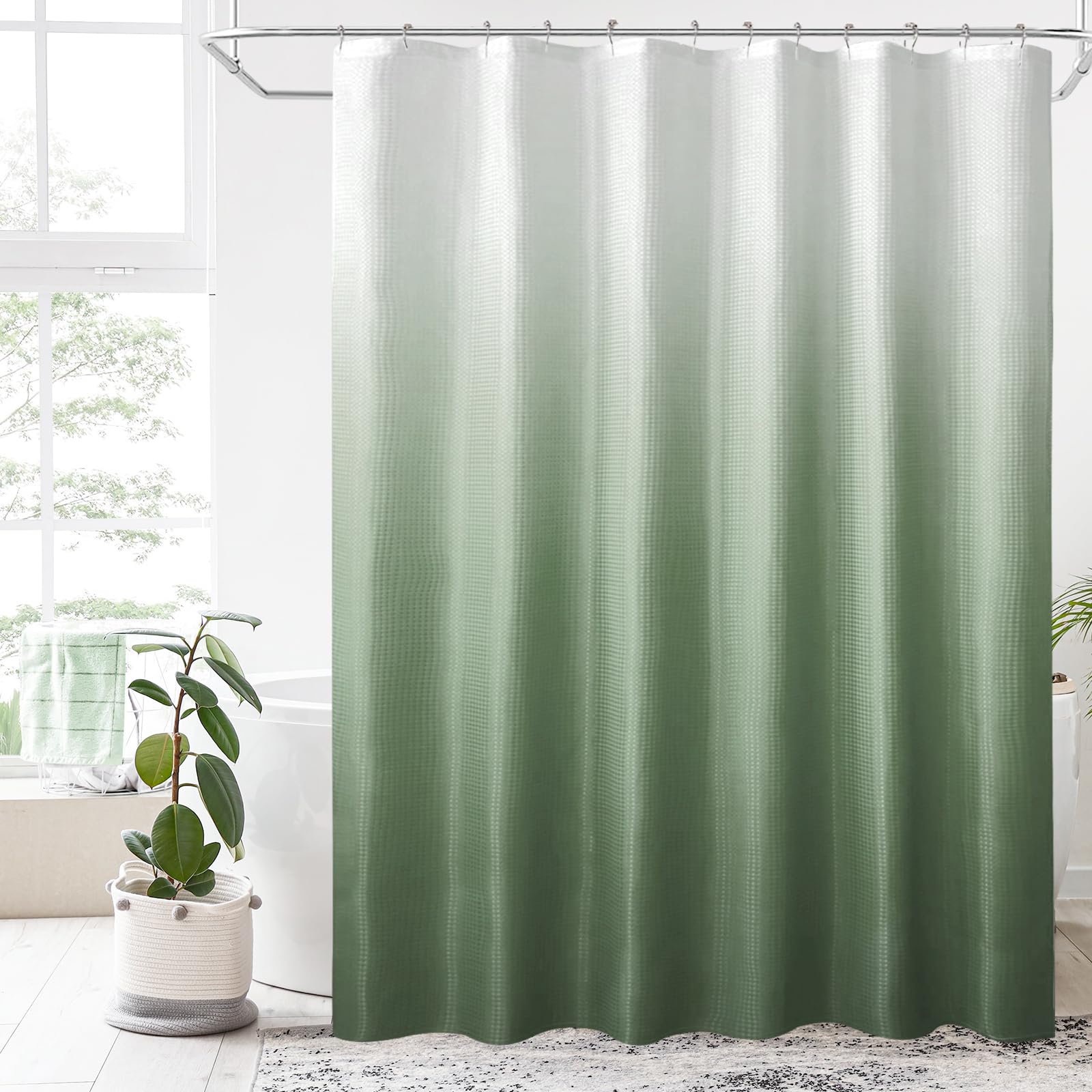 BBiggood Sage Green Ombre Waffle Weave Shower Curtain - 72x78 Inch Long Bathroom Shower Curtain with Hooks | Water-Resistant Fabric for Modern Bathrooms & Spa-Like Showers