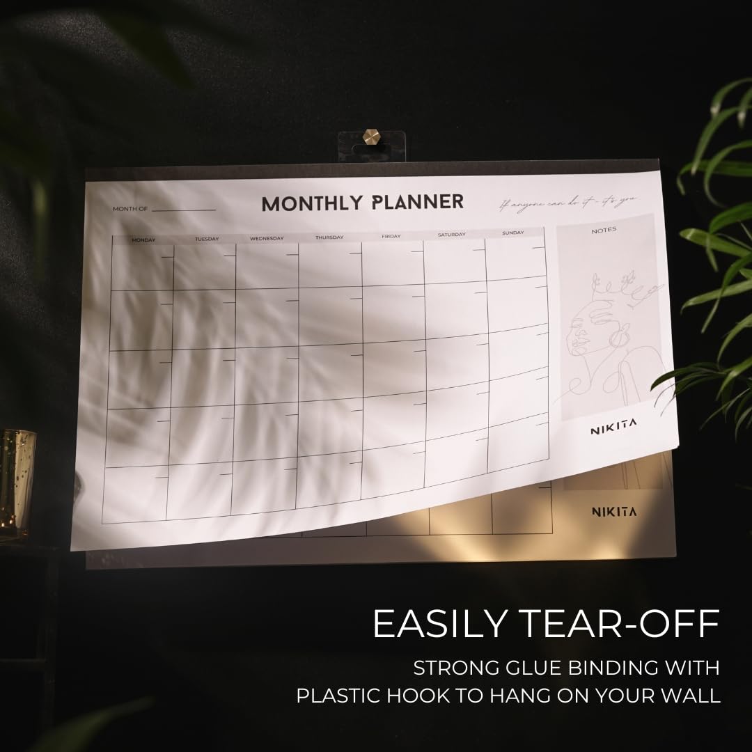 NIKITA Monthly Planner Pad - Undated A3 Wall Calendar (36 x 26cm) - 50 Tear-Off Sheets - Black & White Design - Home & Office Organization - Perfect for Family Planning, Work Schedules, and School Reminders