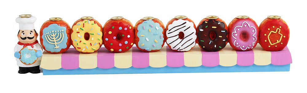 Hand-Painted Baker & Doughnuts Children's Candle Menorah - Traditional Chanukah Sofganiyot Design Fits Standard Hanukkah Candles - Collectible Hanukkiyah by Zion Judaica - Perfect for Kids' Hanukkah Celebrations & Jewish Holiday Decor