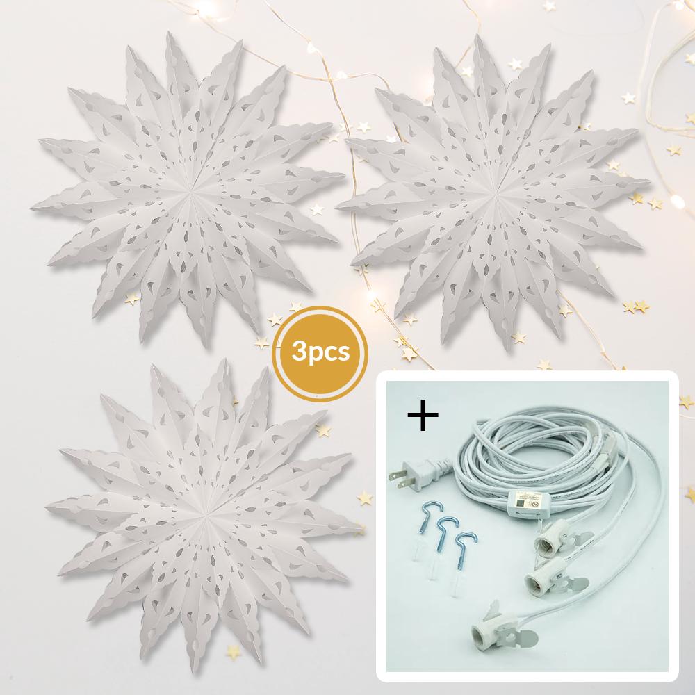 3 Pack Bright White Blizzard Wreath - 22 Inch Pizzelle Designer LED Illuminated Paper Star Lantern with Bulbs & Cord | Perfect for Christmas Decor, Holiday Lighting, and Indoor/Outdoor Party Decorations