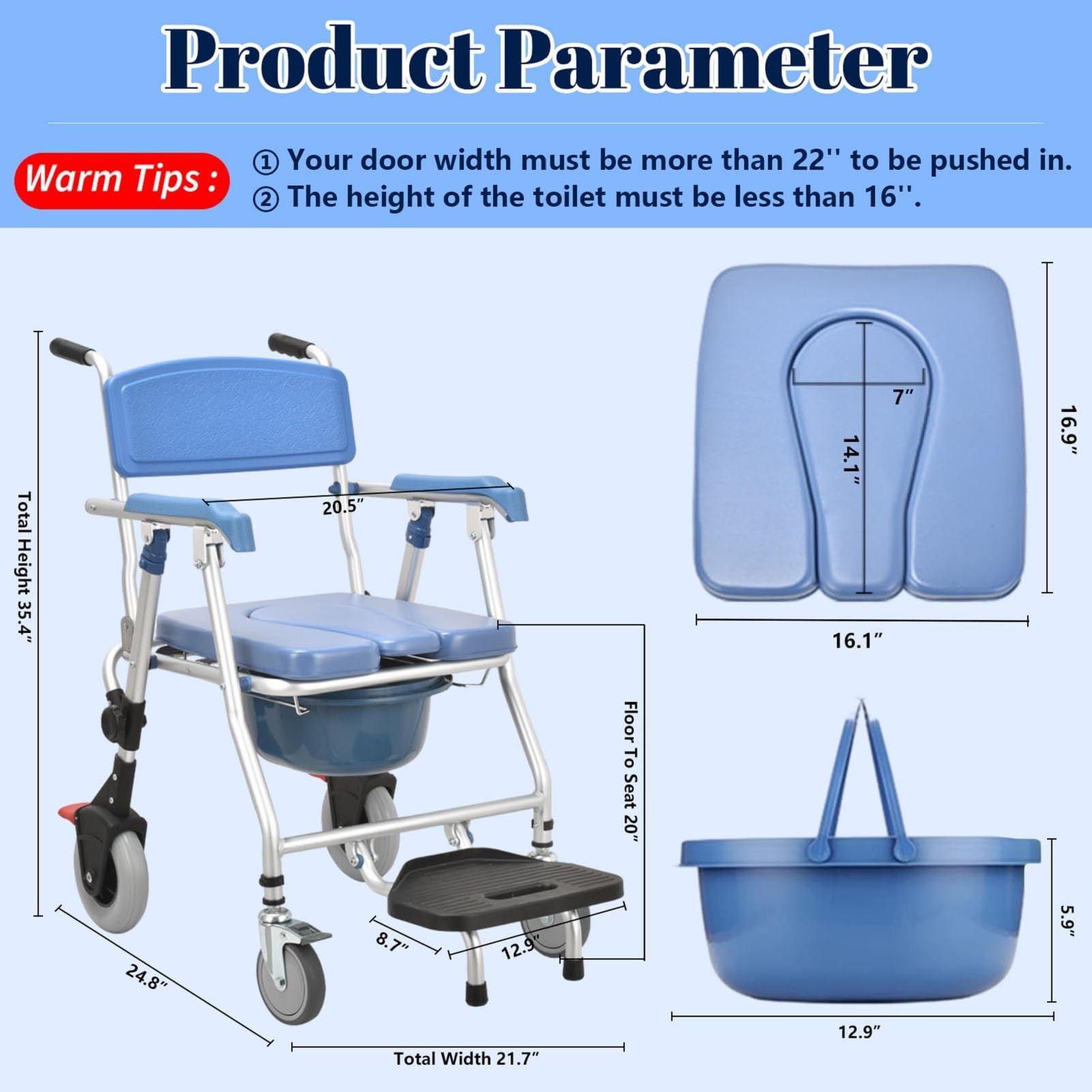 4-in-1 Folding Shower Commode Chair with Locking Wheels & Removable Bucket - Adjustable Height Mobile Toilet Chair for Elderly & Disabled - Ideal for Bathroom Safety, Post-Surgery Recovery & Home Care Use