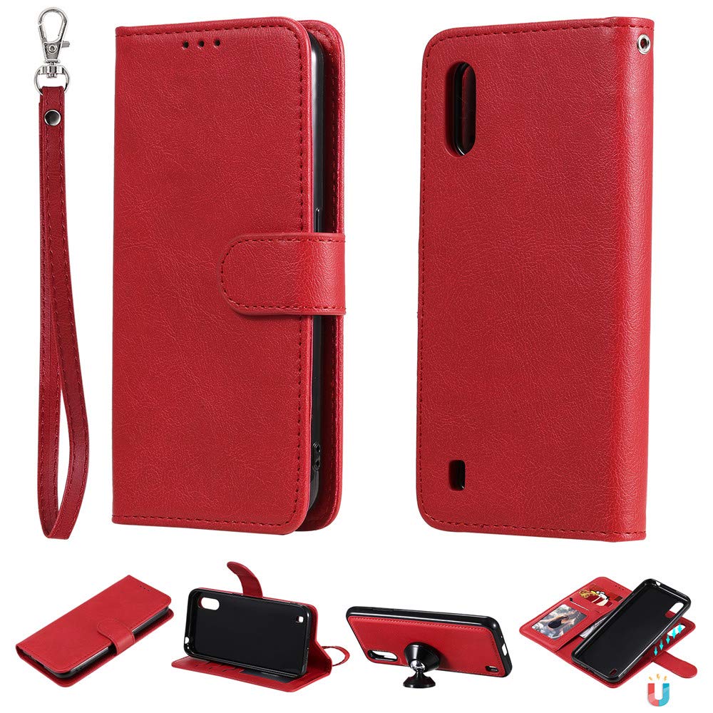 Premium PU Leather Wallet Case for Samsung Galaxy A01 - 2-in-1 Magnetic Flip Cover with Card Slots & Car Mount | Slim Protective Phone Case (Red) | Perfect for Daily Use, Travel & Hands-Free Driving