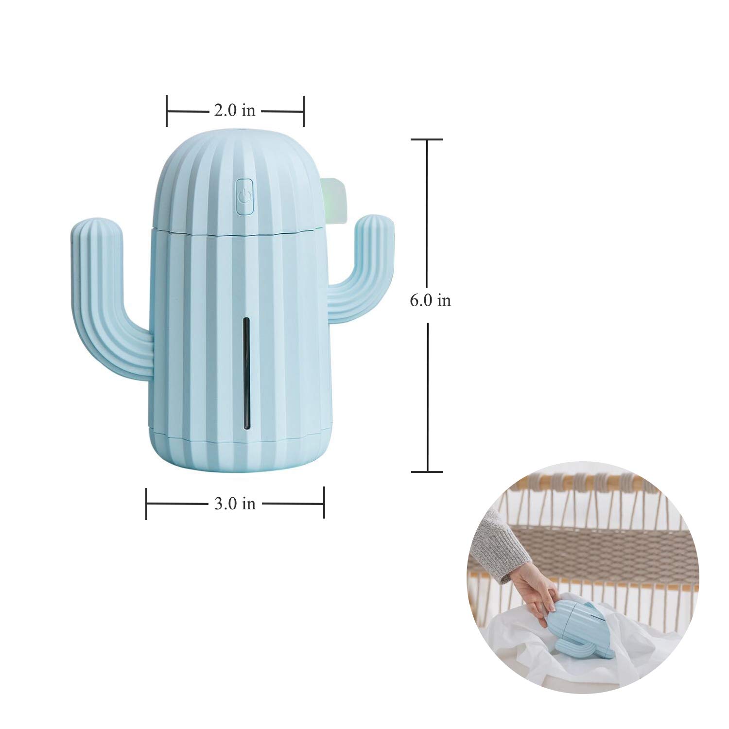 Mini Humidifier with Night Light - Portable Cactus Air Humidifier for Yoga, Office, Spa, Bedroom & Baby Room | Small Room Humidifier with Silica Gel Diffuser (Blue) - Perfect for Dry Air Relief in Home, Nursery & Workspaces