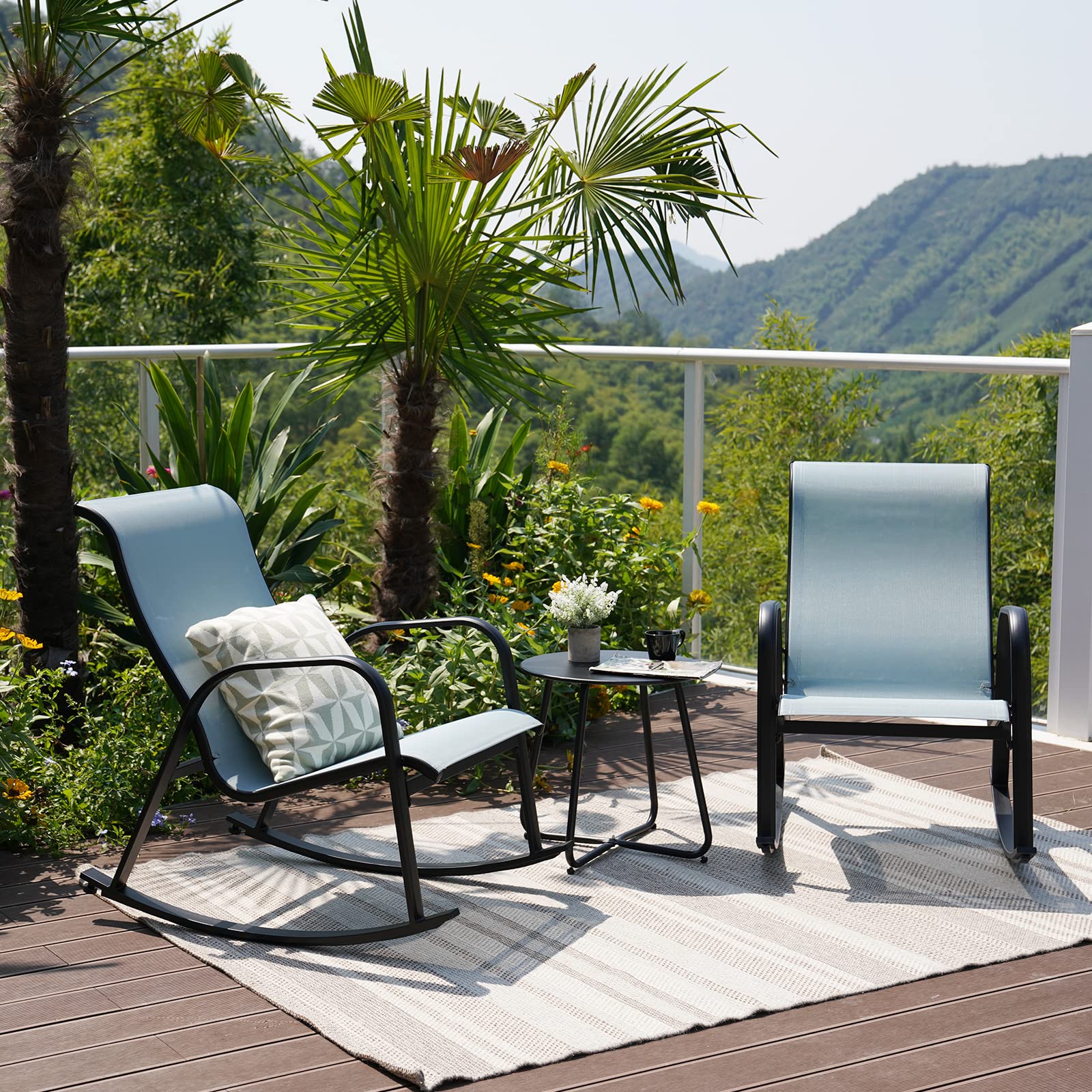 Outdoor 3-Piece Patio Bistro Rocking Chair Set - Comfortable Rocker Seating for Front Porch, Garden, Backyard & Deck - Weather-Resistant Blue Furniture for Relaxing & Entertaining