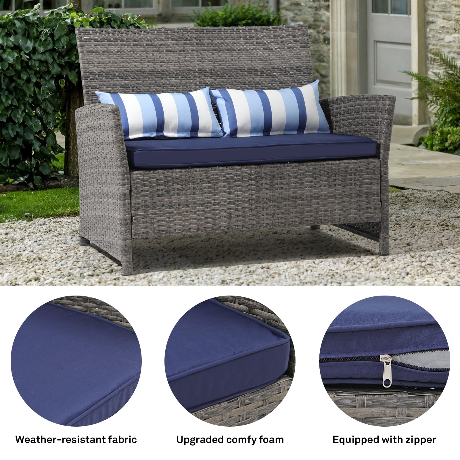 **SUNSITT Outdoor Wicker Loveseat with Cushions – 2-Seater PE Rattan Patio Sofa with Lumbar Pillows, Grey Wicker & Blue Cushions – Durable Steel Frame – Perfect for Porch, Backyard, Garden, Poolside Relaxation**