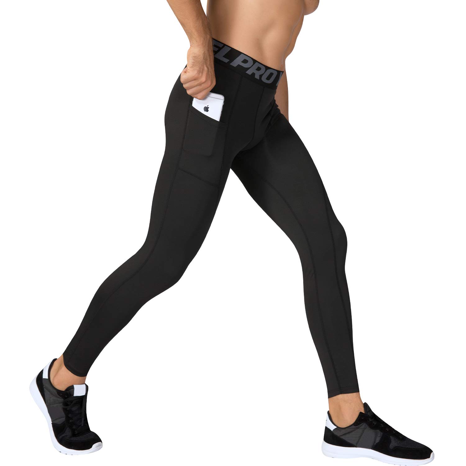 Men's Compression Pants with Pockets - Gym Running Workout Leggings for Yoga & Sports (Black, L)
