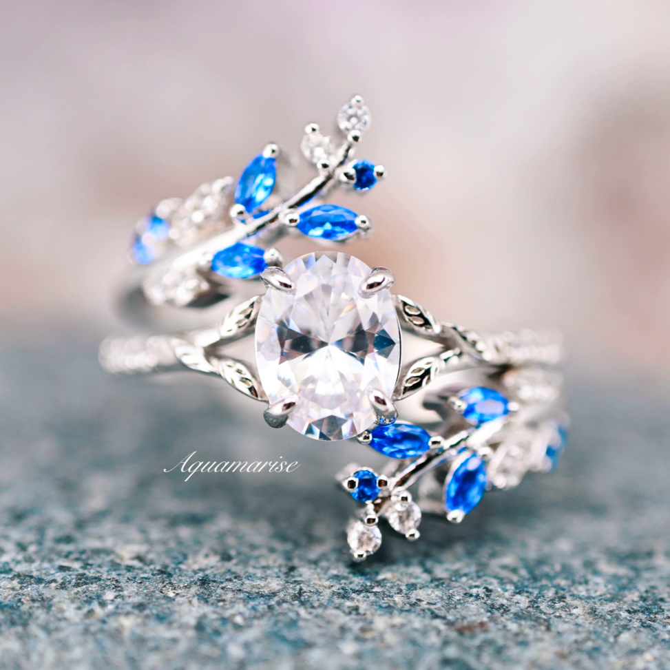 Blue Sapphire & Cubic Zirconia Diamond Leaf Engagement Ring Set - 925 Sterling Silver for Women, Wedding, Anniversary & Proposal Gift
