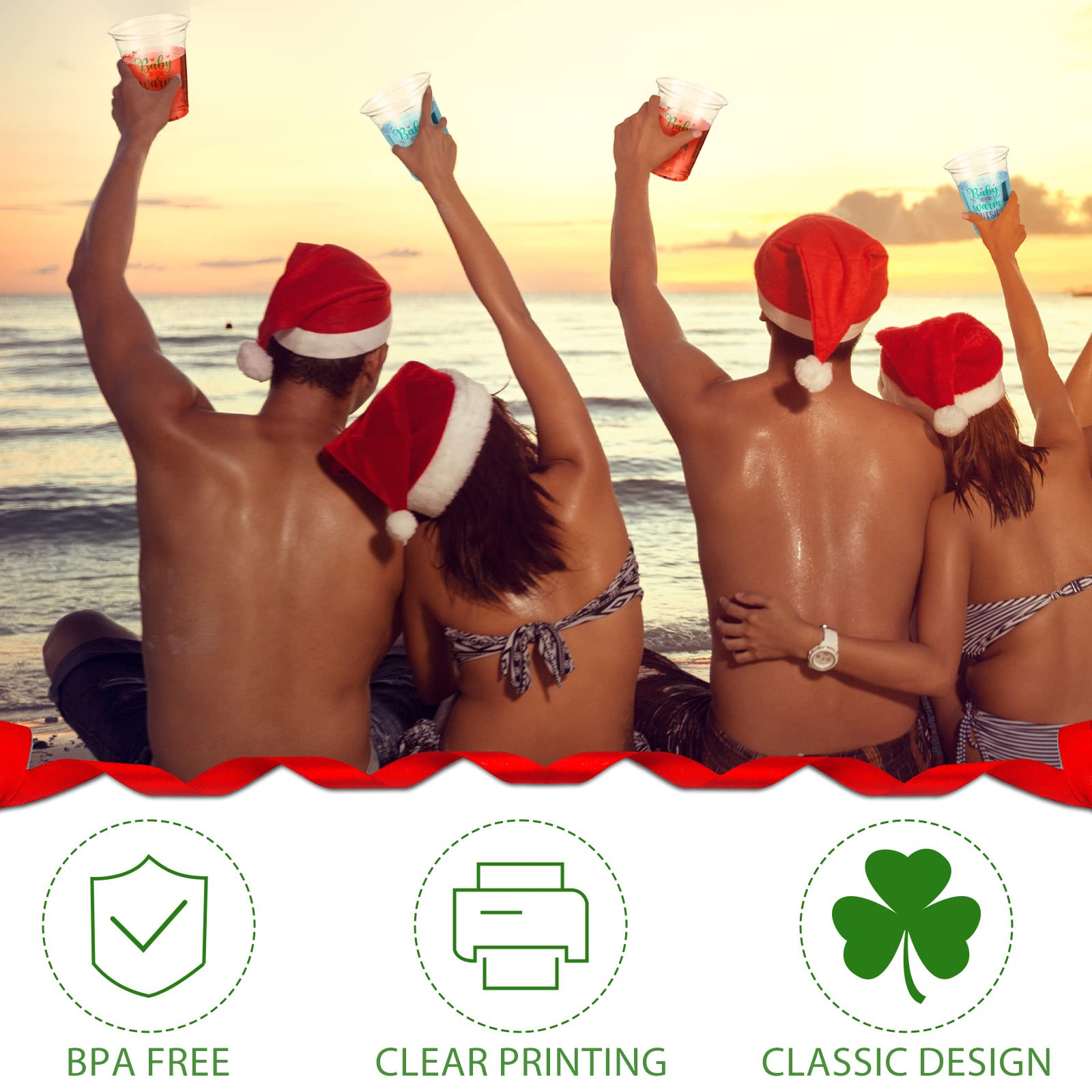 50 Pcs Christmas in July Disposable Plastic Cups - 12oz Clear Tropical Party Cups for Summer BBQs, Beach Parties & Holiday Celebrations - Baby It's Warm Outside Themed Decorations