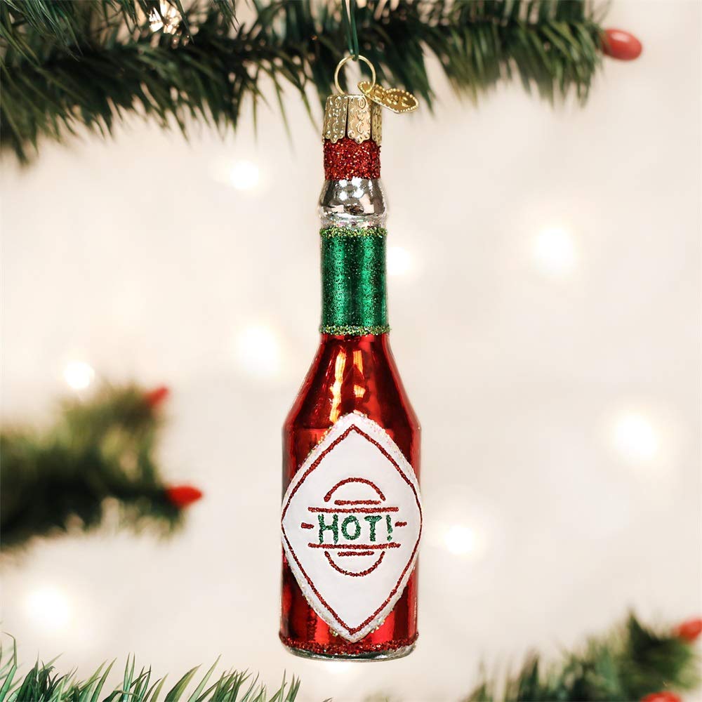 Old World Christmas Hot Sauce Glass Blown Ornament - Handcrafted Holiday Decoration for Christmas Tree, Festive Kitchen Decor, Unique Gift for Spicy Food Lovers