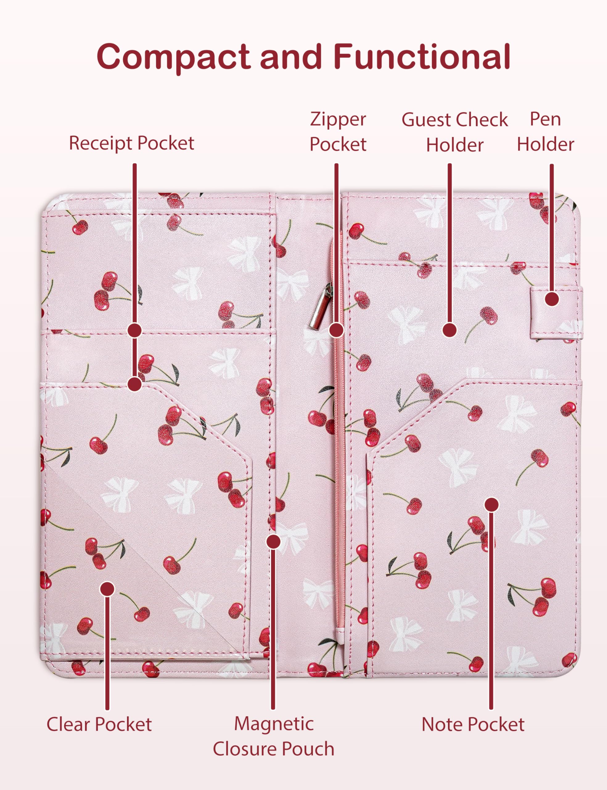 Cute Server Book for Waitress & Waiter - Zippered Leather Waitstaff Organizer with Magnetic Pocket, Cherry Bow Print - Perfect for Restaurants, Bars & Cafes (Pink) | Fits Server Aprons, Holds Orders & Tips Securely