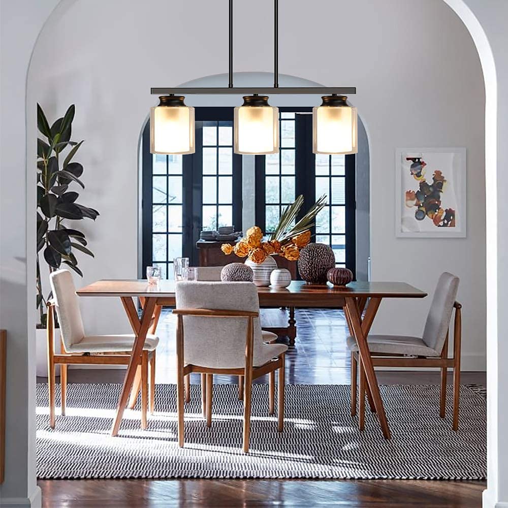 DLLT 3-Light Industrial Pendant Lighting Fixture - Metal Kitchen Island Hanging Light with Glass Shade, Farmhouse Flush Mount Ceiling Light for Dining Room, Foyer, Restaurant, Bar - E26 Base - Perfect for Modern Farmhouse Decor & Commercial Spaces