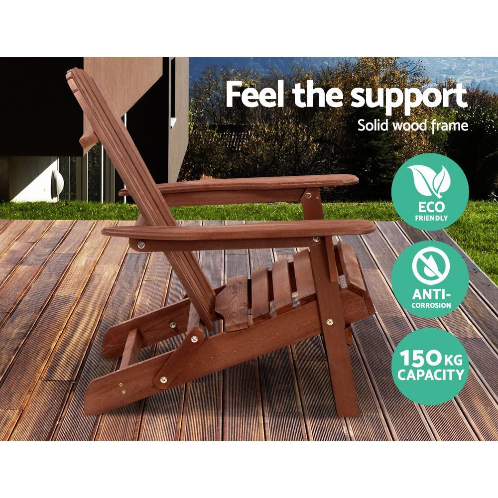 3PC Adirondack Outdoor Table and Chairs Set - Foldable Wooden Patio Furniture for Garden, Beach, Poolside - Weather-Resistant Brown Finish for Backyard Relaxation