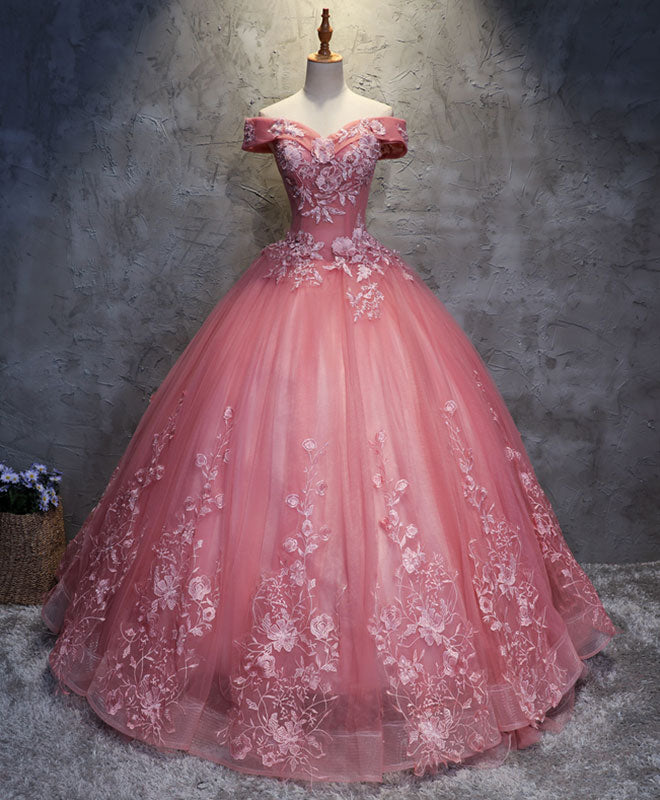 Elegant Pink Tulle Lace Off Shoulder Long Prom Dress - Formal Evening Gown for Homecoming, Wedding, Quinceañera & Special Occasions