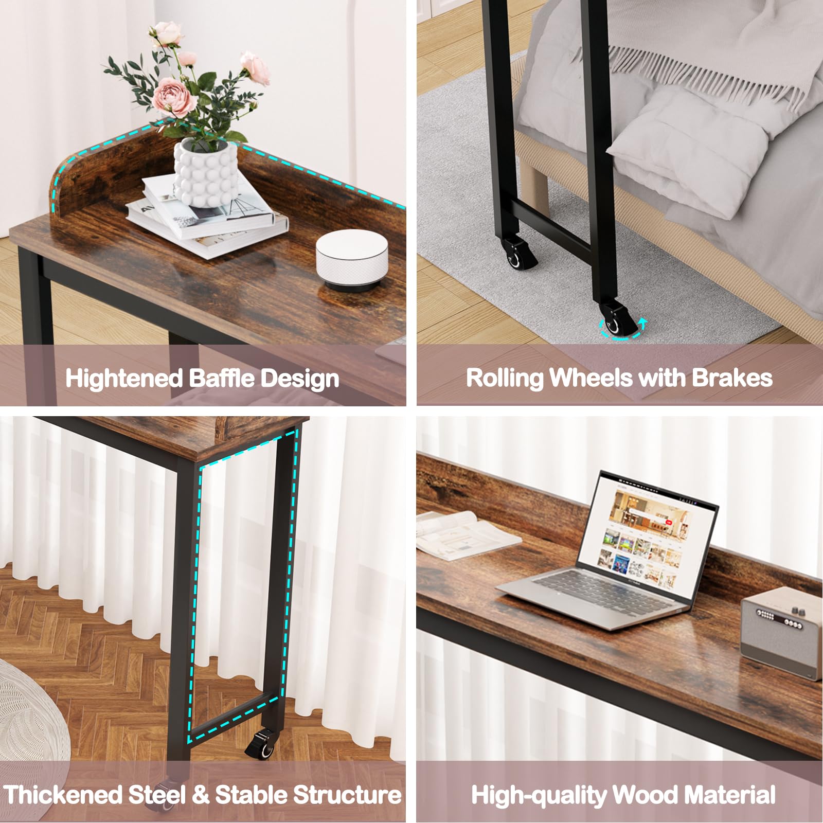 Walnut Overbed Table with Wheels & Charging Station - 70.8
