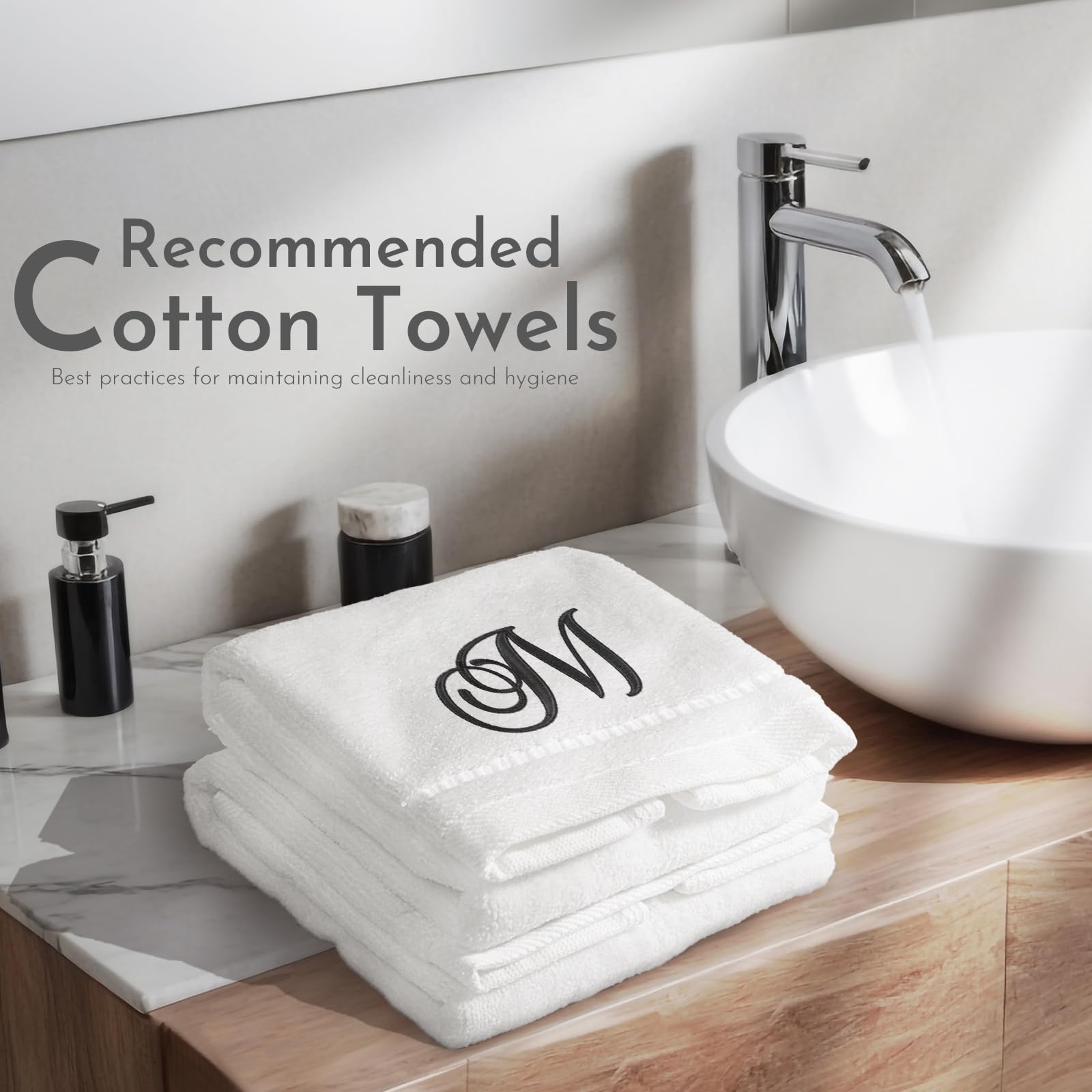 Personalized Monogrammed Hand Towels Set - 100% Cotton Embroidered Bathroom Towels 11x18 Inches (Set of 2) - Soft Absorbent Guest Towels for Bath, Kitchen & Powder Room - White Initial M Design