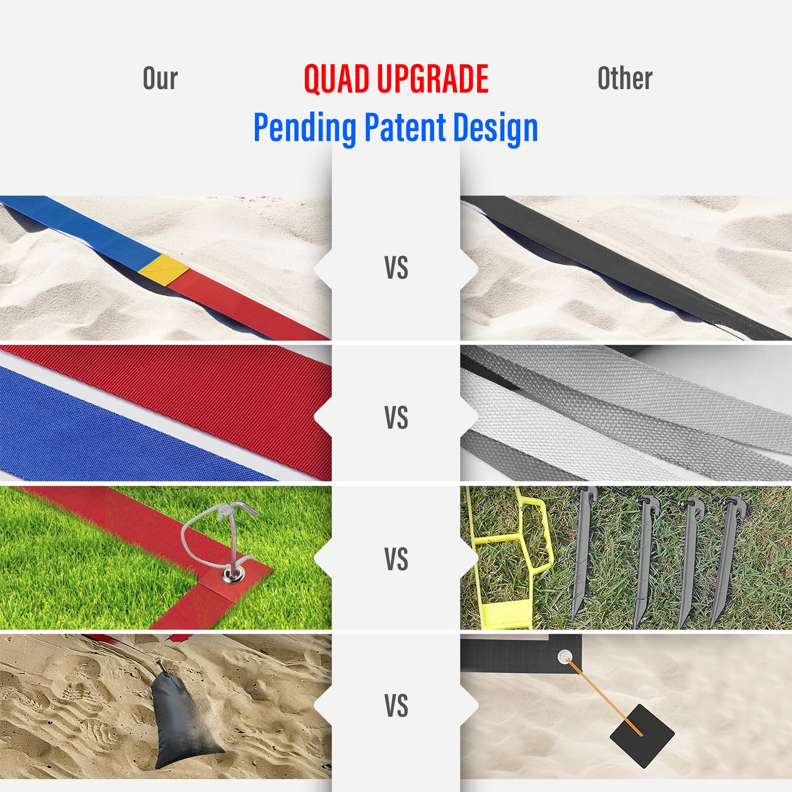 Premium Beach Volleyball Boundary Lines 26.3' x 52.6' & 30' x 60' - 2 Inch Wide High Visibility Sand Court Markers with Metal Anchors & Sand Bags | Enhanced Weather Resistance for Outdoor Sports, Backyard Games & Beach Tournaments