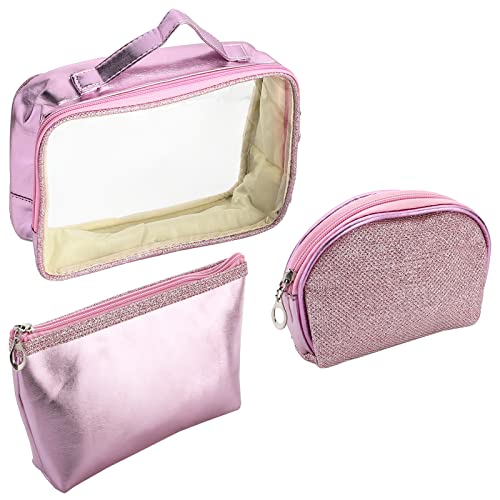 3-Pack Waterproof Travel Makeup & Toiletry Bag Set - Portable Cosmetic Organizer with Brush Holder for Women, Men & Girls | Perfect for Airplane Carry-on, Gym, Vacation & Daily Use