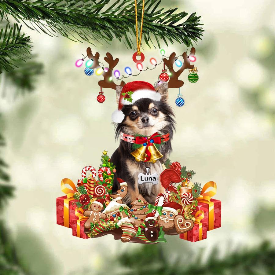 AMAND Christmas Dog Ornament - Long Hair Black Chihuahua Acrylic Pet Gift for Dog Lovers | Holiday Tree Decoration, Dog Mom Present, Xmas Home Decor | Perfect for Christmas Trees, Pet-Themed Parties & Gift Exchanges
