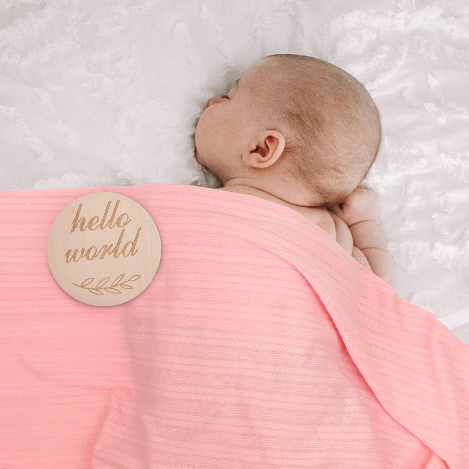 BQUBO 4PCS Baby Swaddle Blankets for Newborn Girls - Soft Cotton Receiving Blankets with Matching Hat & Bow Headband - Includes Hello World Wooden Birth Announcement Card - Perfect for Nursery, Photo Shoots & Baby Showers (Pink)