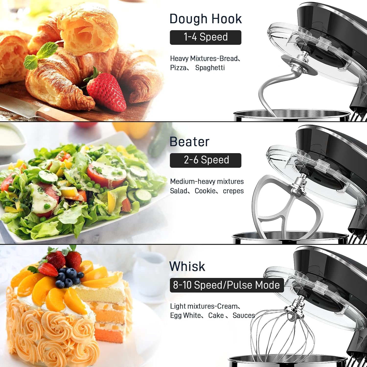 Vezzio 660W 10-Speed Tilt-Head Stand Mixer with 9.5 Qt Stainless Steel Bowl - Dishwasher Safe Attachments for Baking, Whipping, Kneading Dough - Perfect for Cakes, Cookies, Bread Making in Home Kitchens (Black)