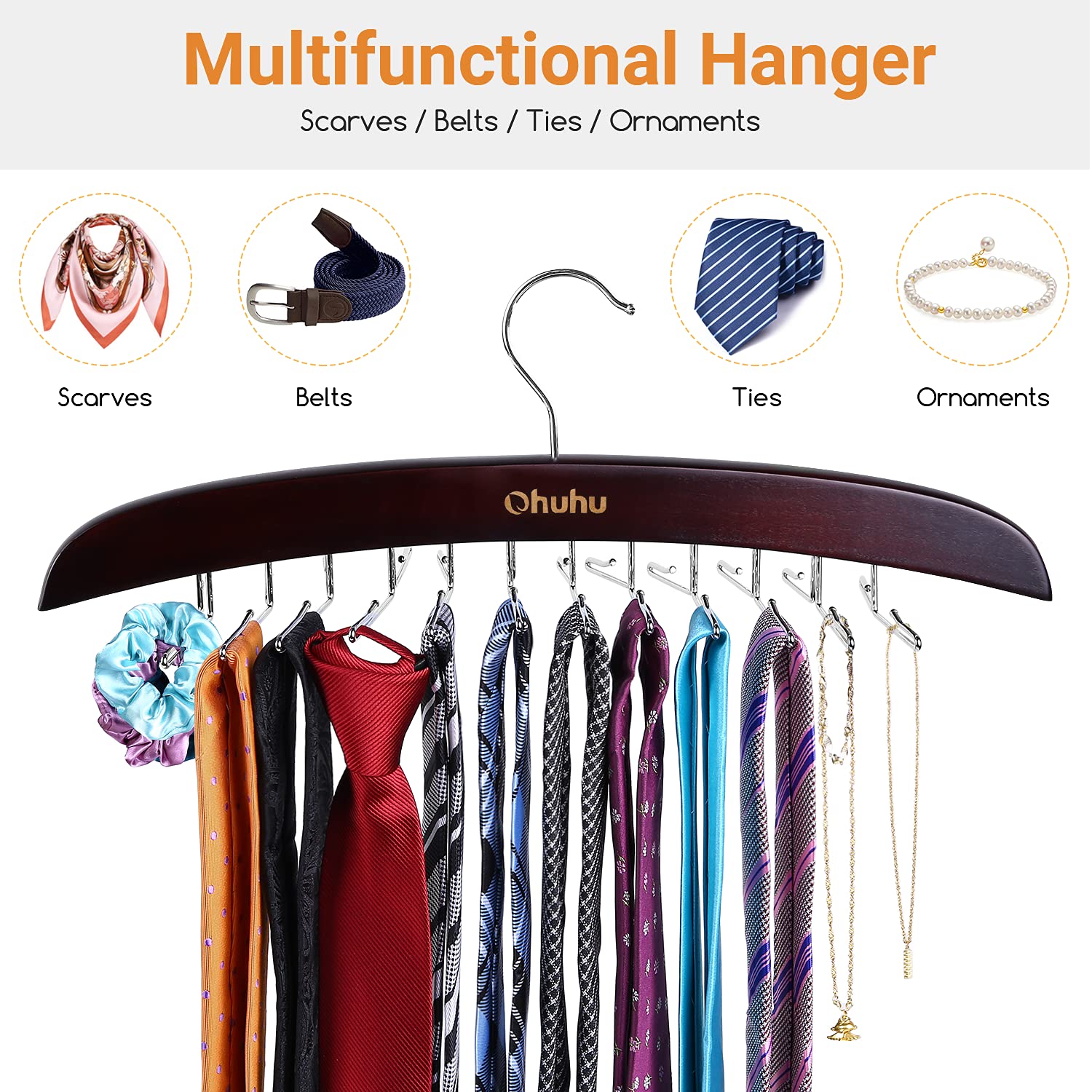 Ohuhu 24-Hook Wooden Walnut Tie Rack Organizer - 360 Degree Rotating Hanger for Neckties, Belts, Scarves & Accessories (2 Pack) - Perfect for Closet Organization & Space Saving Wardrobe Storage