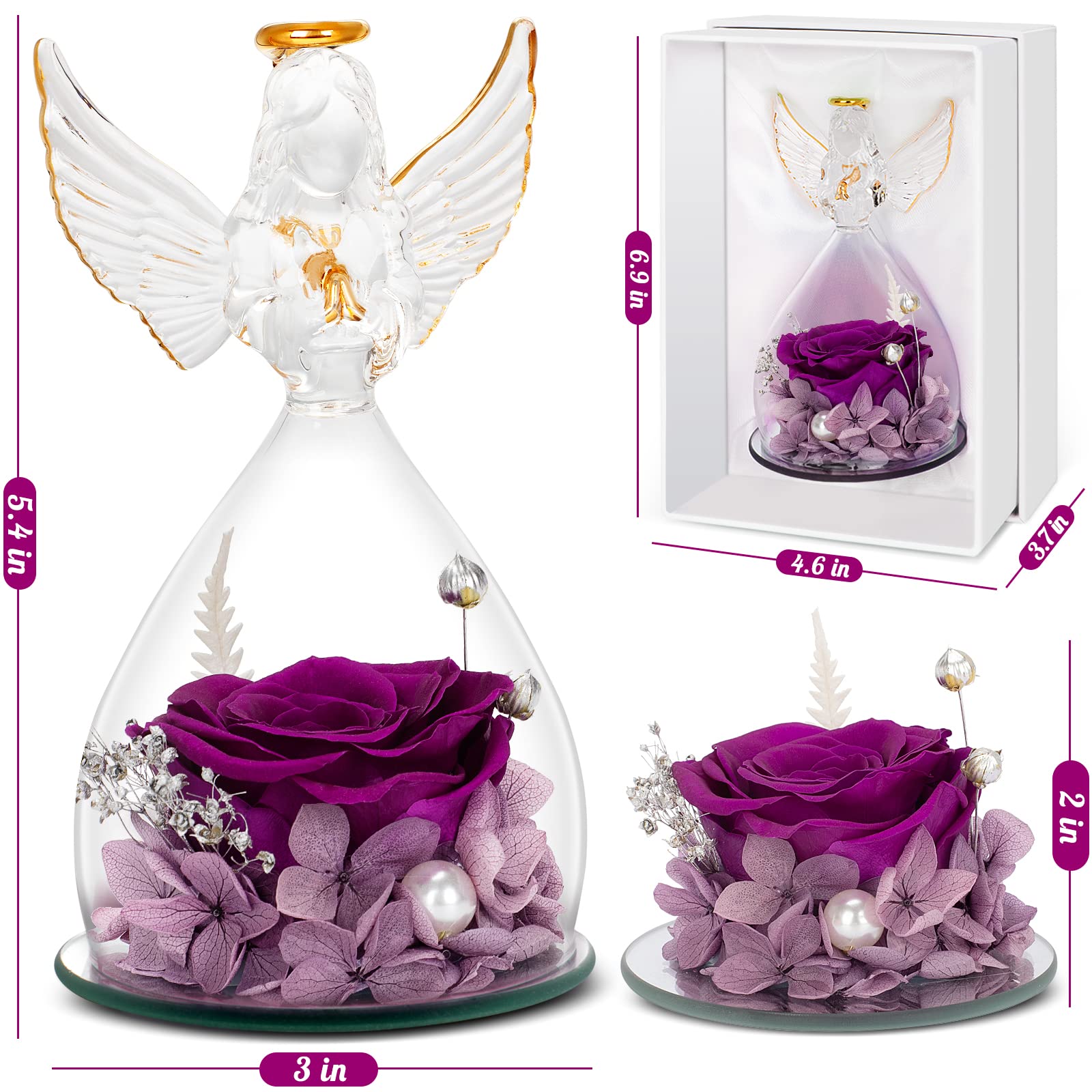 Eternal Purple Rose Angel Figurine - Preserved Flower Gift for Mother's Day, Birthday, Grandma & Women | Home Decor, Keepsake & Sentimental Present