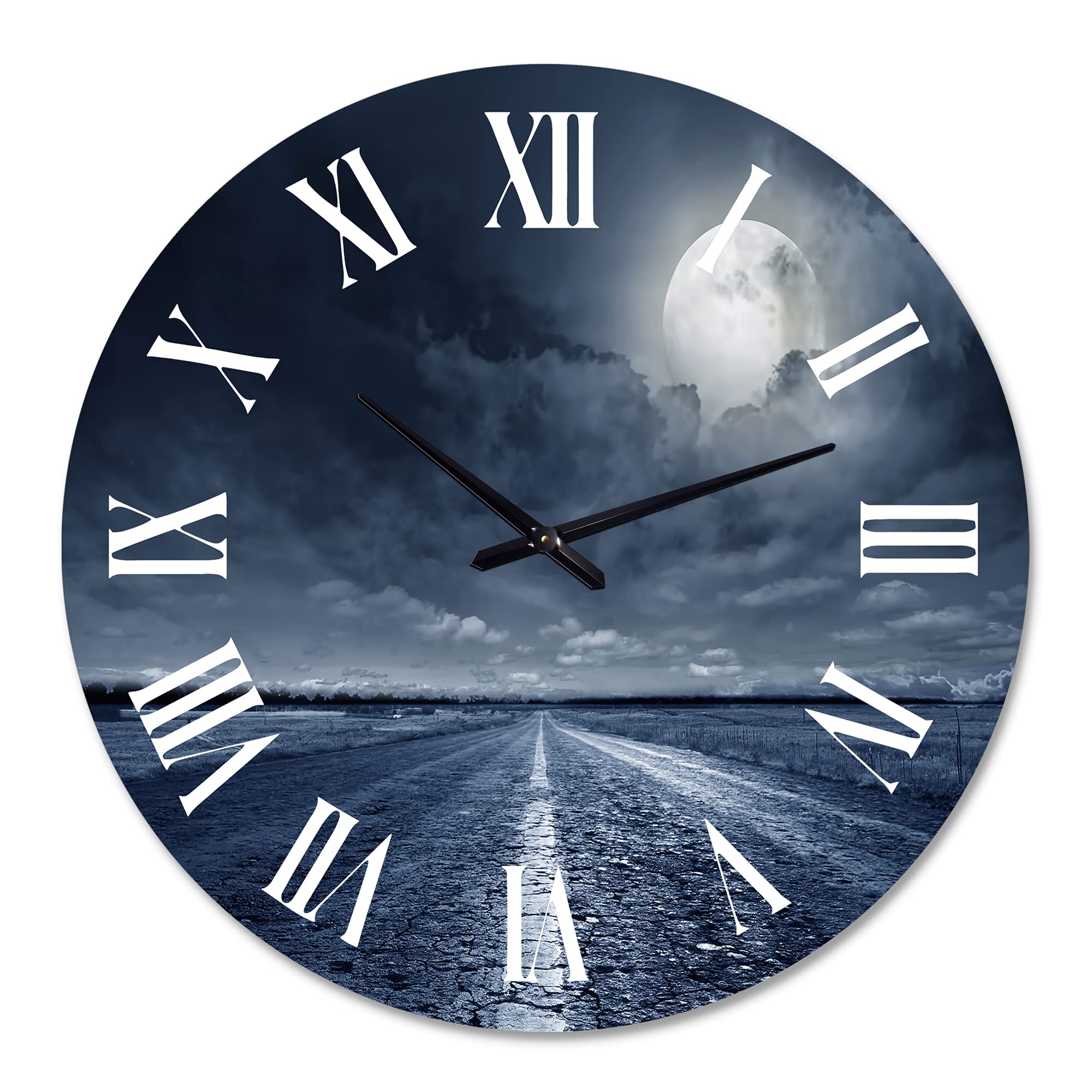 Nautical Coastal Wall Clock - 'Asphalt Road Under Cloudy Full Moon' Landscape Nature Decor | Large Modern Wall Clock for Bedroom, Living Room & Office | Perfect Home & Gift Idea