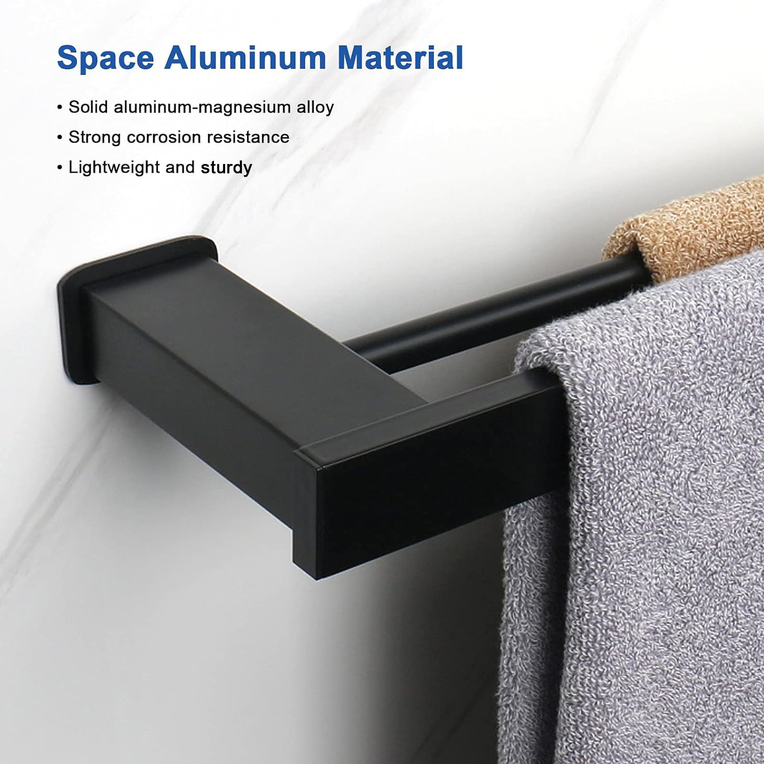 NearMoon 16 Inch Matte Black Double Bath Towel Bar - Premium Thickened Space Aluminum Square Shower Towel Rack for Bathroom & Kitchen - Wall Mounted Towel Holder (Perfect for Small Spaces, Modern Homes & Spa-Style Bathrooms)