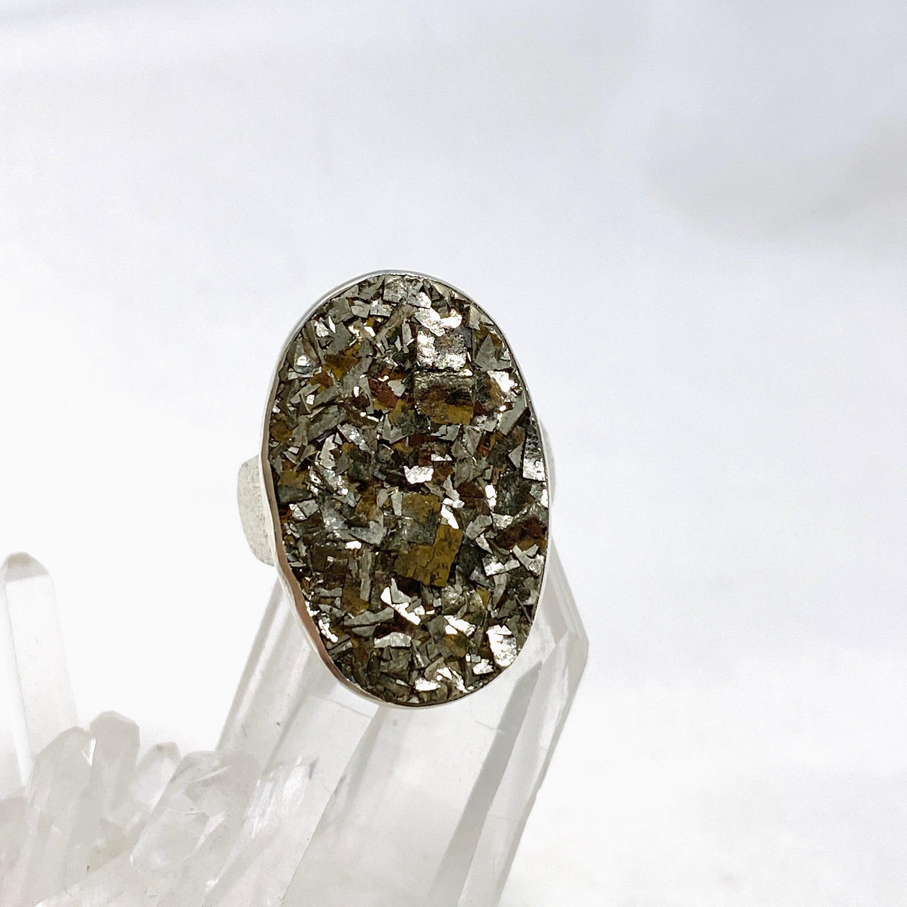 Natural Pyrite Raw Stone Oval Ring with Brushed Silver Band - Size 8 - KRGJ3193 - Perfect for Boho Jewelry, Spiritual Healing & Everyday Fashion Accessories
