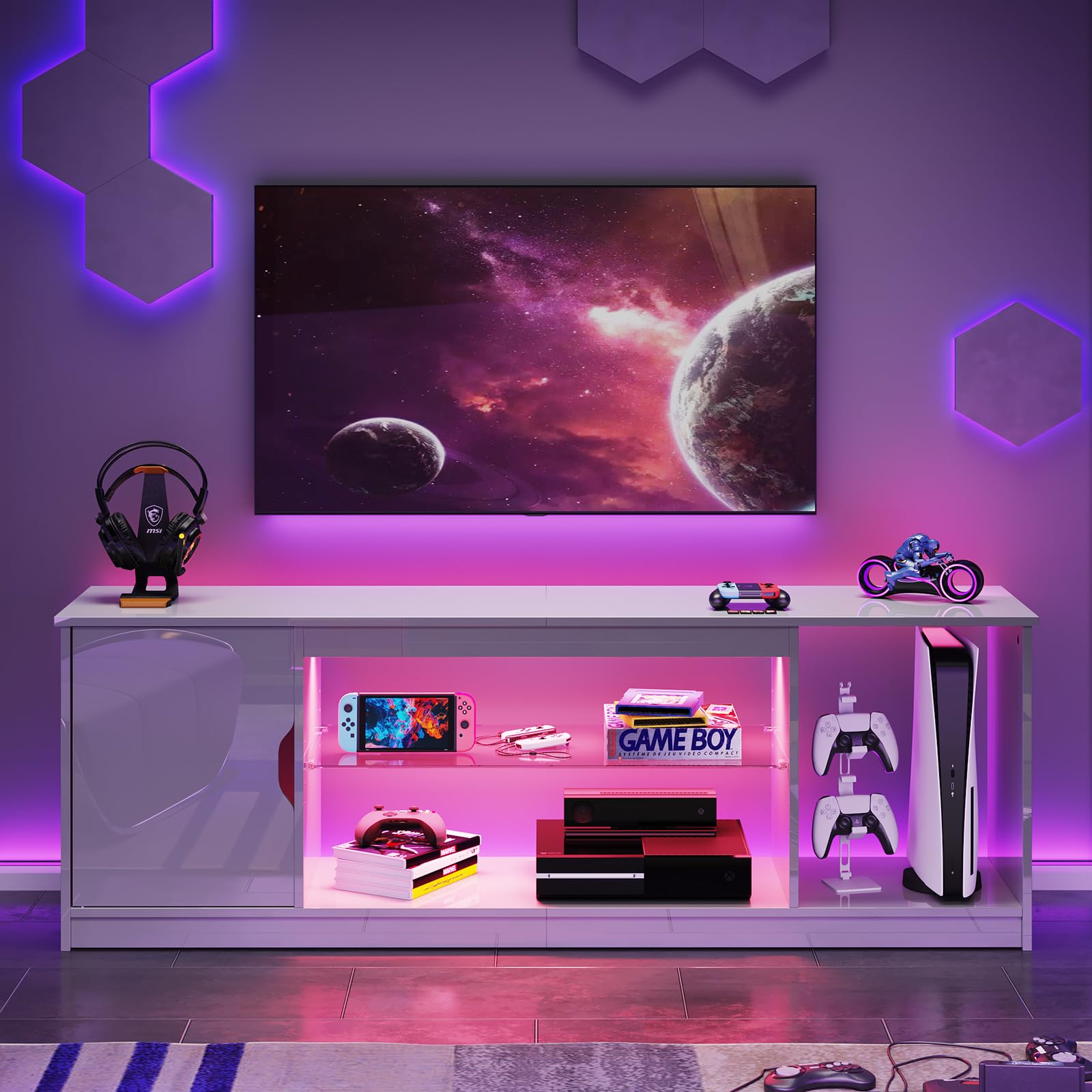 Bestier 57 Inch Gloss White TV Stand for 65 Inch TVs - Modern Entertainment Center with Glass Shelves, Adjustable Height, Compatible with PS5, Xbox & Gaming Consoles - Perfect for Living Room, Bedroom & Home Theater Setup