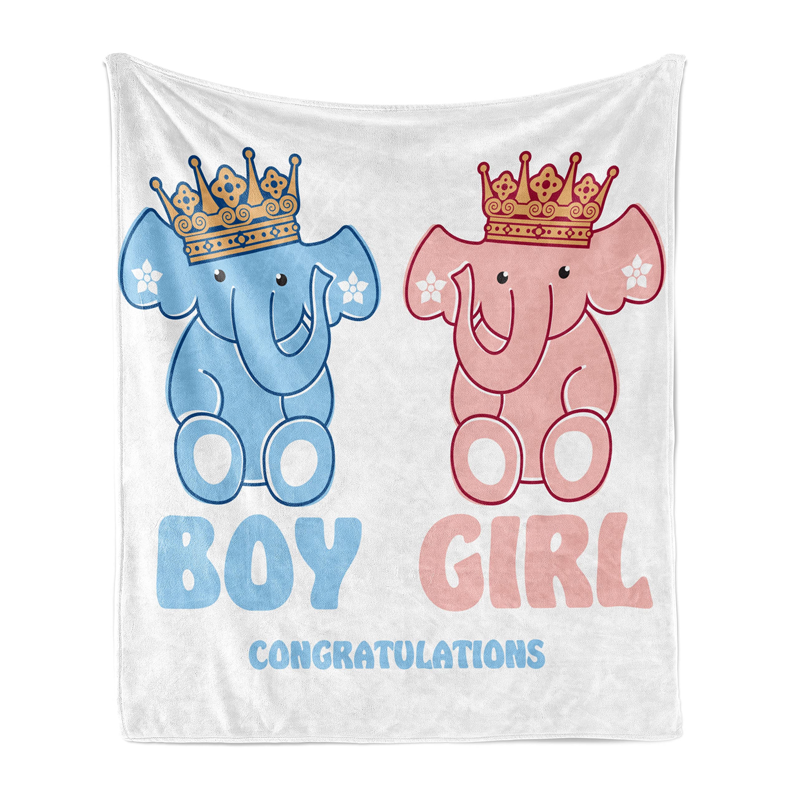 Ambesonne Gender Reveal Fleece Blanket for Baby Shower - Soft Flannel Elephant Design with Royal Crowns, 60