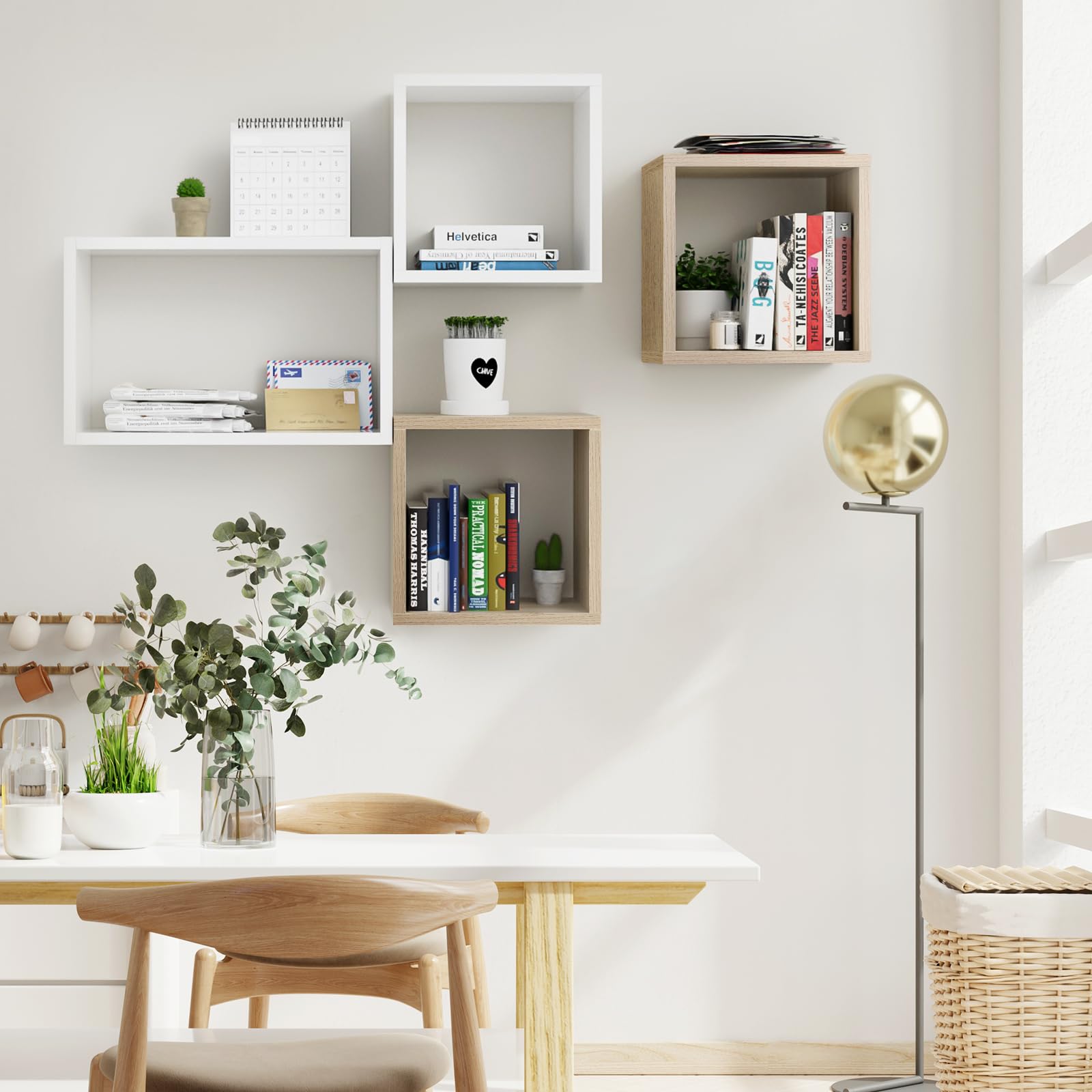 Kaboon Wall Mount Shelf Set of 4 - Floating Cube Shelves for Home & Office Decor - Large Size Oak Wood Shelving Unit - Perfect for Living Room, Bedroom, Kitchen & Commercial Spaces