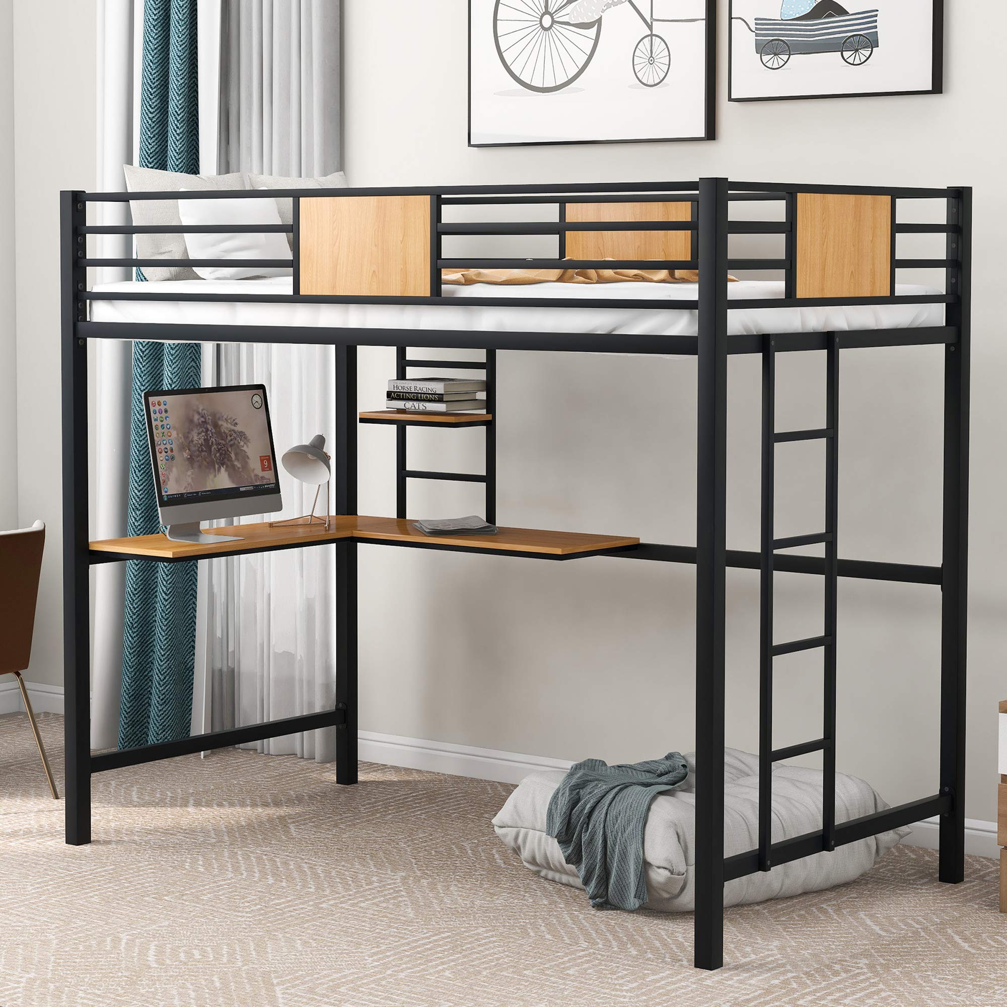 Merax Twin Size Metal Loft Bed with Study Desk & Shelves - Space Saving Kids Bedroom Furniture for Small Rooms, Dorm & Apartments - Perfect for Studying, Sleeping & Storage Organization