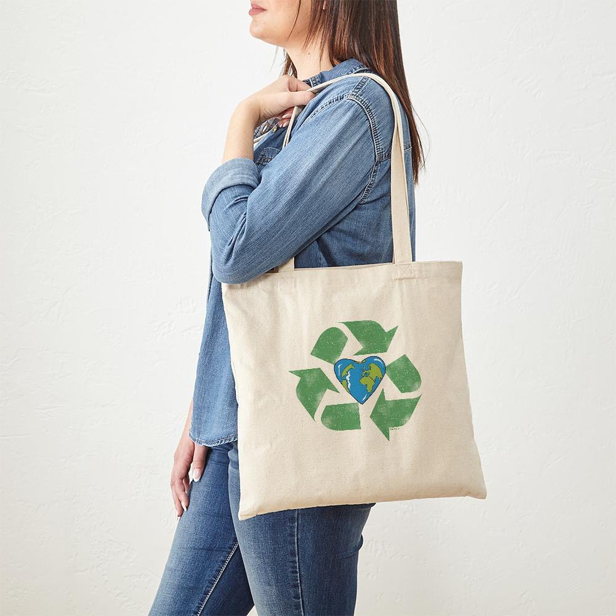 Eco-Friendly Recycle Earth Heart Tote Bag - Natural Canvas Reusable Shopping Bag for Groceries, Beach & Daily Use