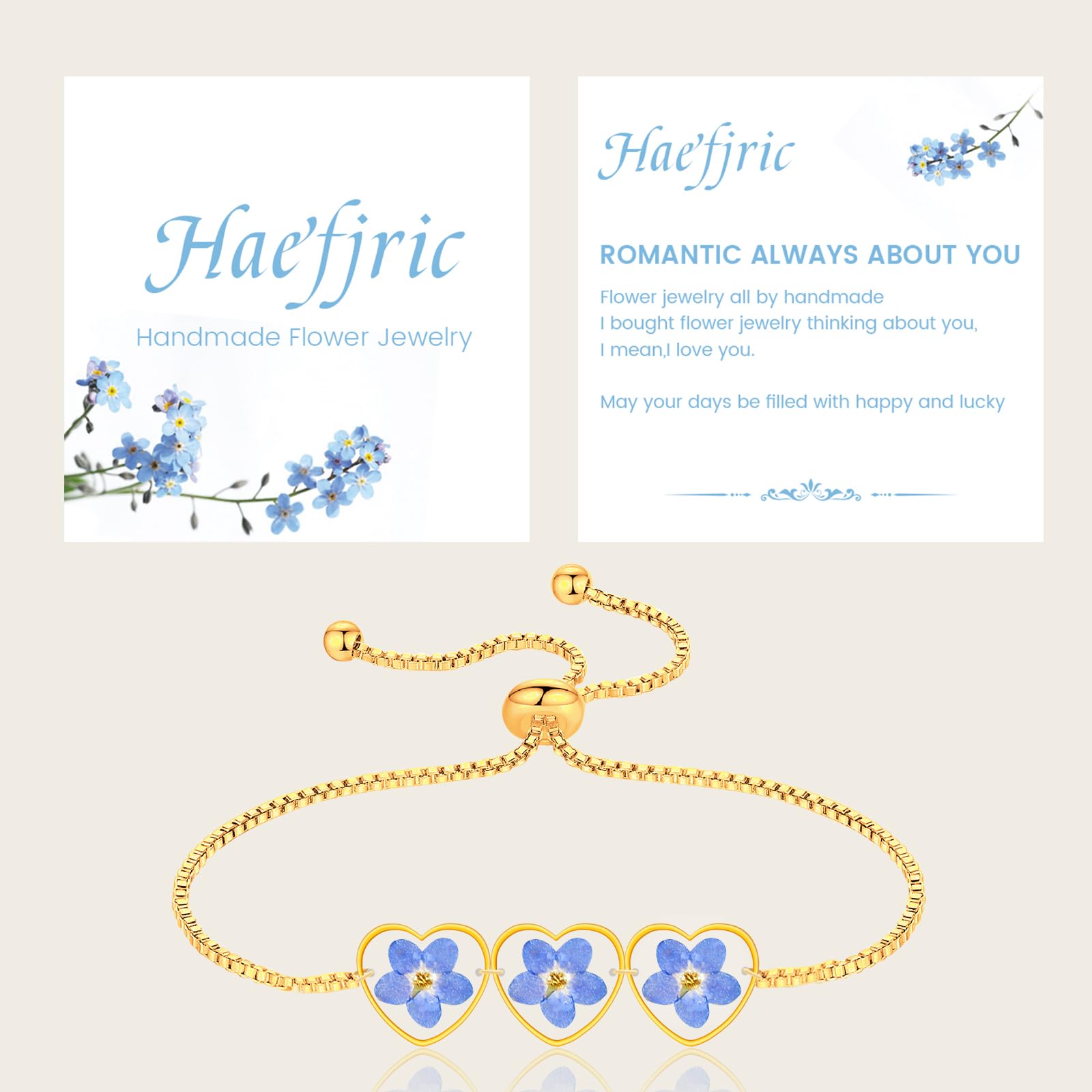 Pressed Flower Bracelet - Handmade Forget-Me-Not Wildflower Jewelry for Women, Personalized Gold Floral Bracelet with Heart Shape (Alaska State Flower) - Perfect Gift for Her, Birthday, Anniversary & Mother's Day Present