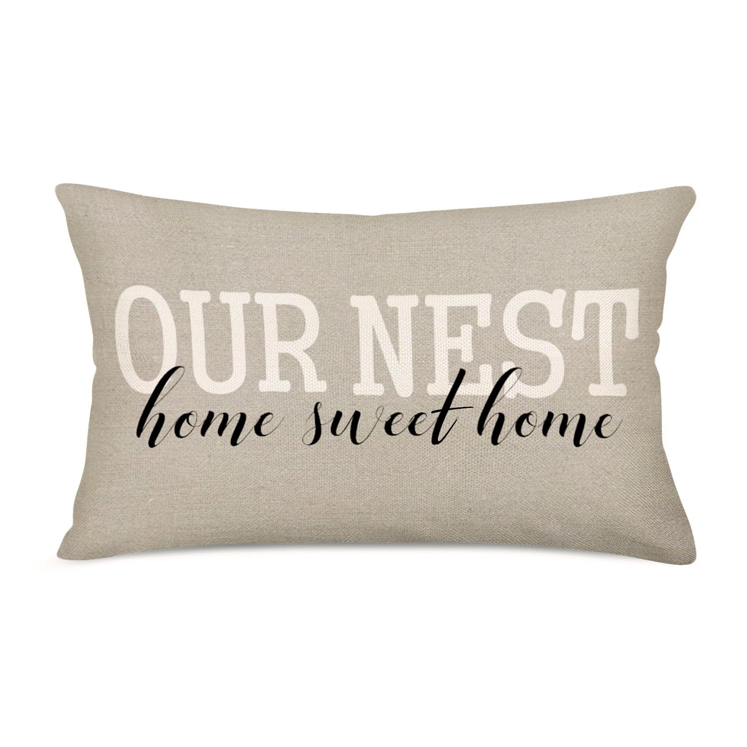 Lumbar Pillow Cover 12x20 Inch - Cotton Linen Farmhouse Throw Pillow Case for Sofa, Bed, Chair | Home Decor Cushion Cover | Sweet Home & Our Nest Design | Perfect for Living Room, Nursery, Office