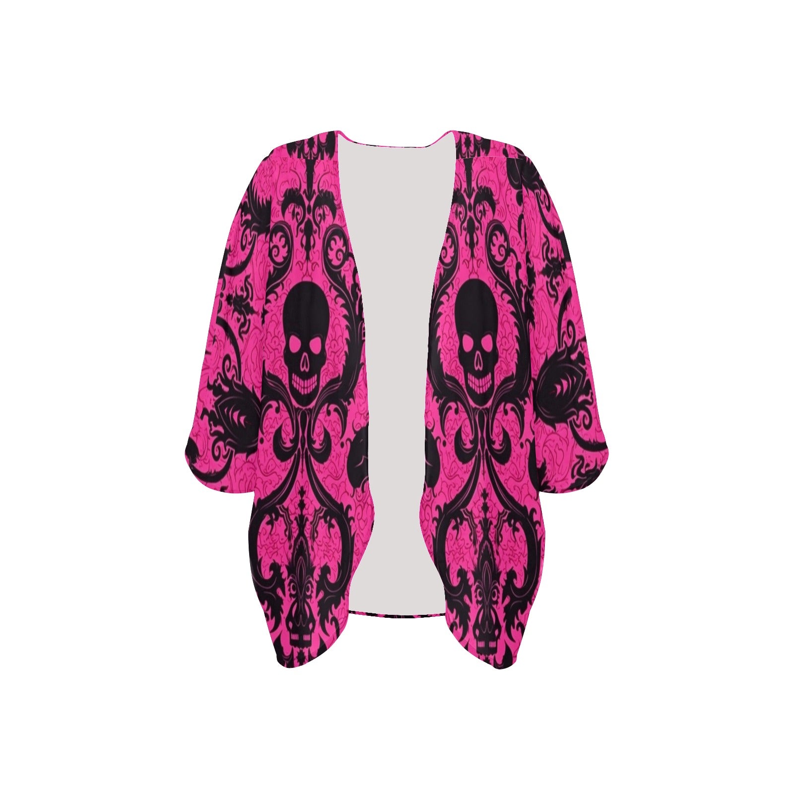 Black Skull Print Pink Kimono Chiffon Cover Up - Lightweight Beachwear for Women, Summer Pool Party, Boho Fashion, Vacation Essentials