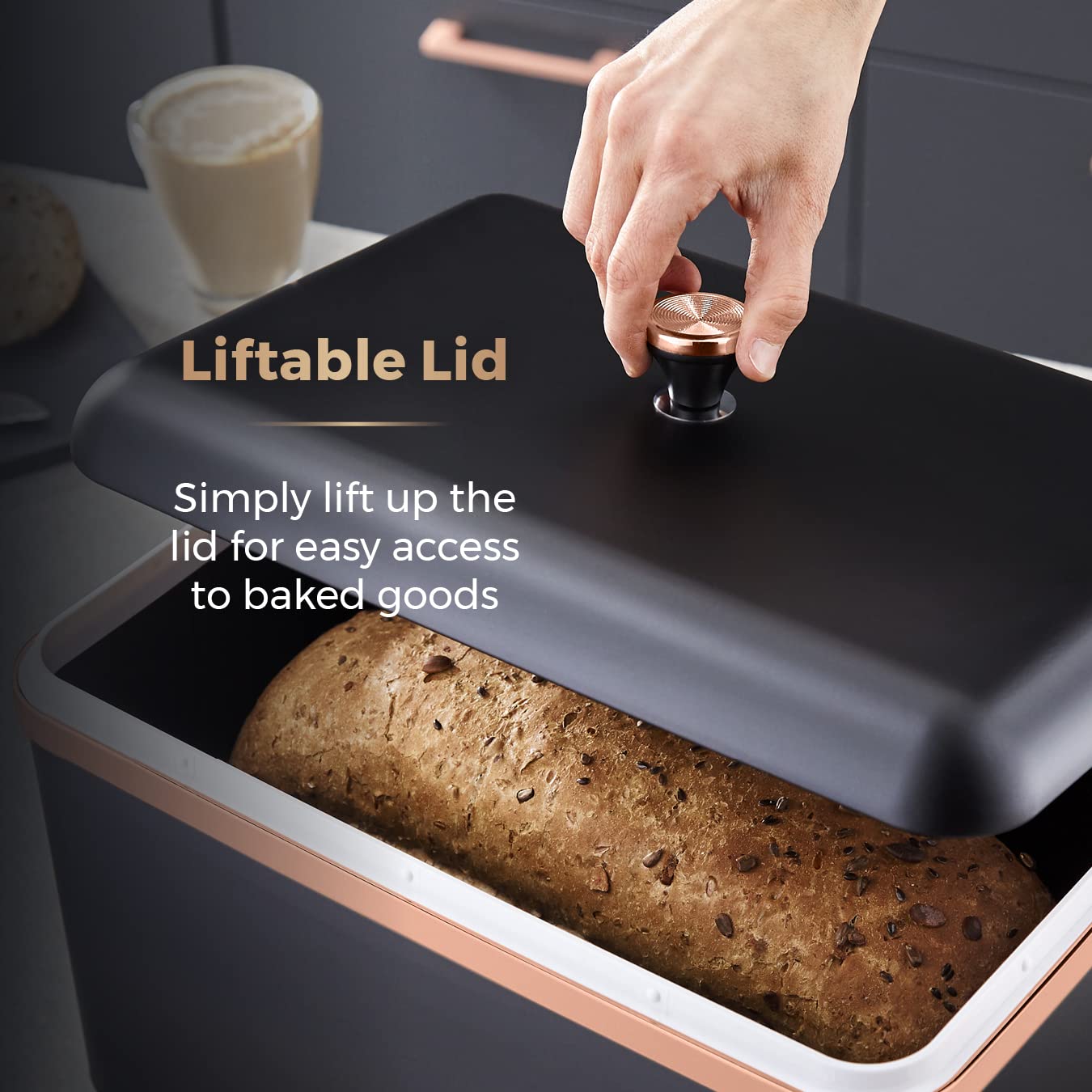 Premium Cavaletto Bread Bin with Removable Lid - Large Capacity Stainless Steel Bread Box for Kitchen Storage | Modern Black & Rose Gold Design | Perfect for Countertop Organization & Fresh Bread Keeping