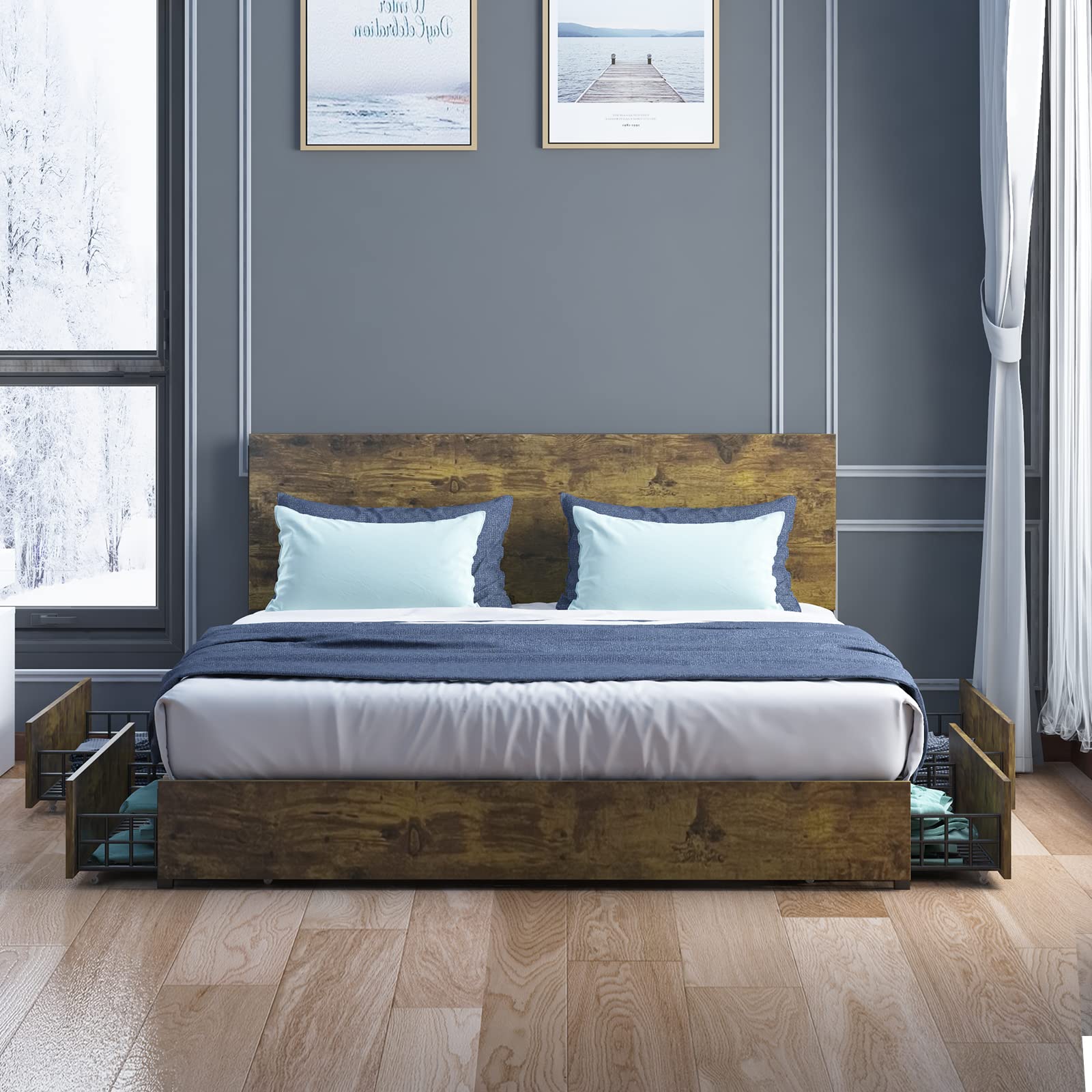 BALUS King Size Bed Frame with Headboard & 4 Storage Drawers - Heavy Duty Wood & Metal Platform Bed, No Box Spring Needed, Noise Free & Easy Assembly - Perfect for Master Bedroom, Guest Room & Small Space Storage Solutions
