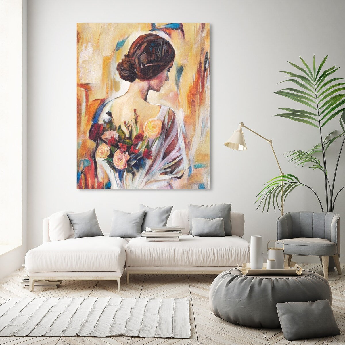 Modern White Canvas Wall Art Print with Back and Flowers - Elegant Female Beauty Floral Decor for Bedroom, Living Room & Office