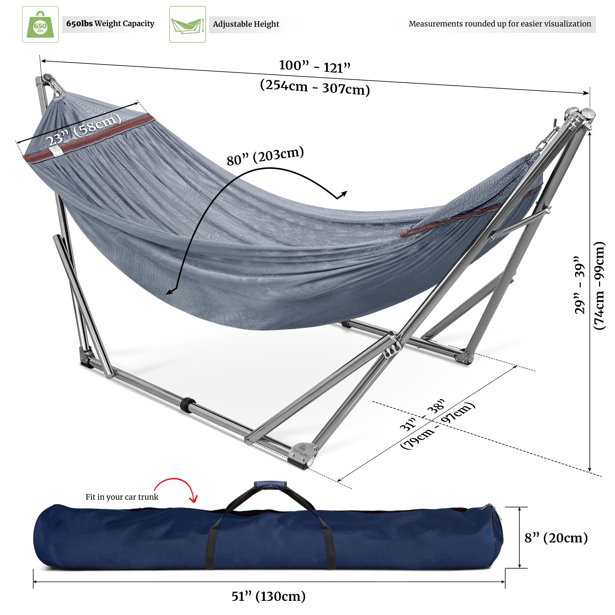 Tranquillo Adjustable Hammock Stand with Carry Bag - 650 lbs Capacity Foldable Steel Frame & Breathable Polyester Net for Camping, Backyard, Beach (Grey) | Perfect for Outdoor Relaxation & Travel