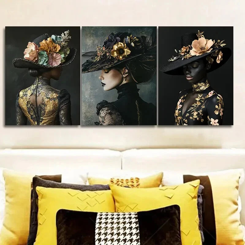 3-Piece Floral Hat Girl Painting - Metal Print Wall Art Ready to Hang | Perfect for Living Room, Bedroom & Office Decor