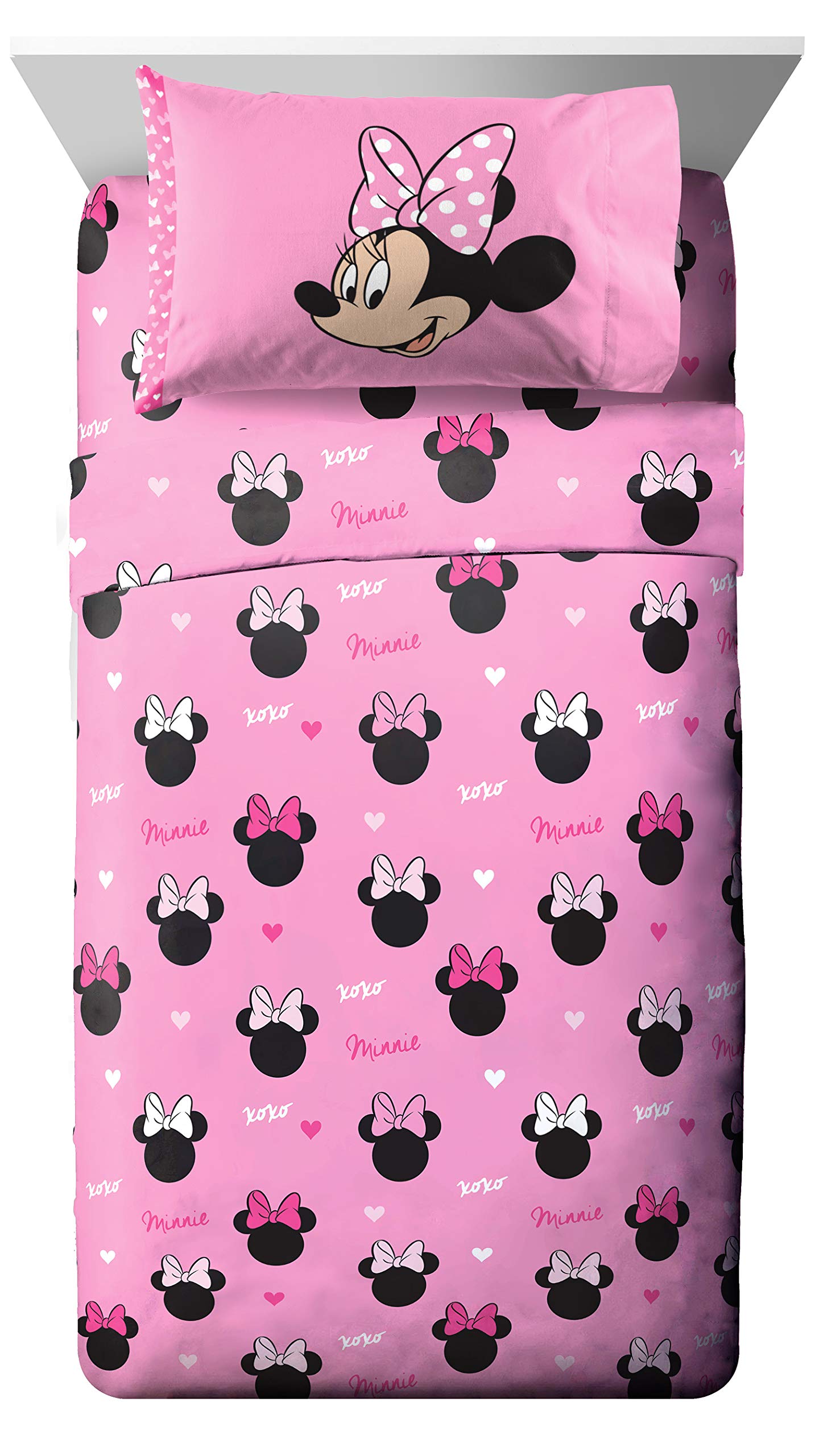 Disney Minnie Mouse Hearts & Love 4-Piece Twin Bedding Set - Reversible Comforter & Sheet Set - Ultra Soft Fade Resistant Microfiber - Official Licensed Disney Product - Perfect for Kids' Bedrooms, Dorm Rooms & Gift Giving